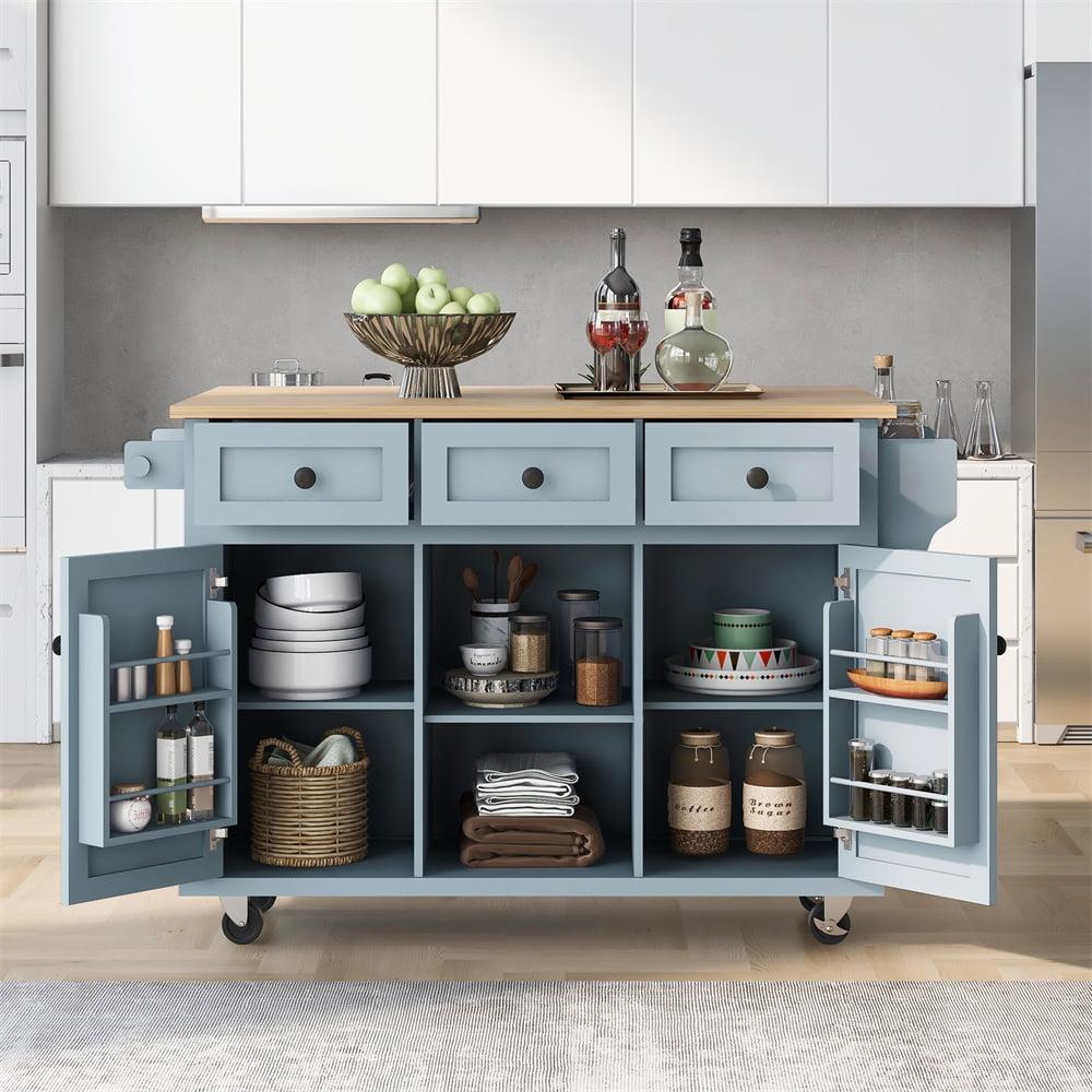 53.1" Kitchen Island Cart with Large Tabletop and Locking Wheels, Kitchen Trolley Cart with 4 Doors Cabinet & 2 Storage Drawers, Spice Rack & Towel Rack, Rolling Kitchen Island Cart, Grey Blue