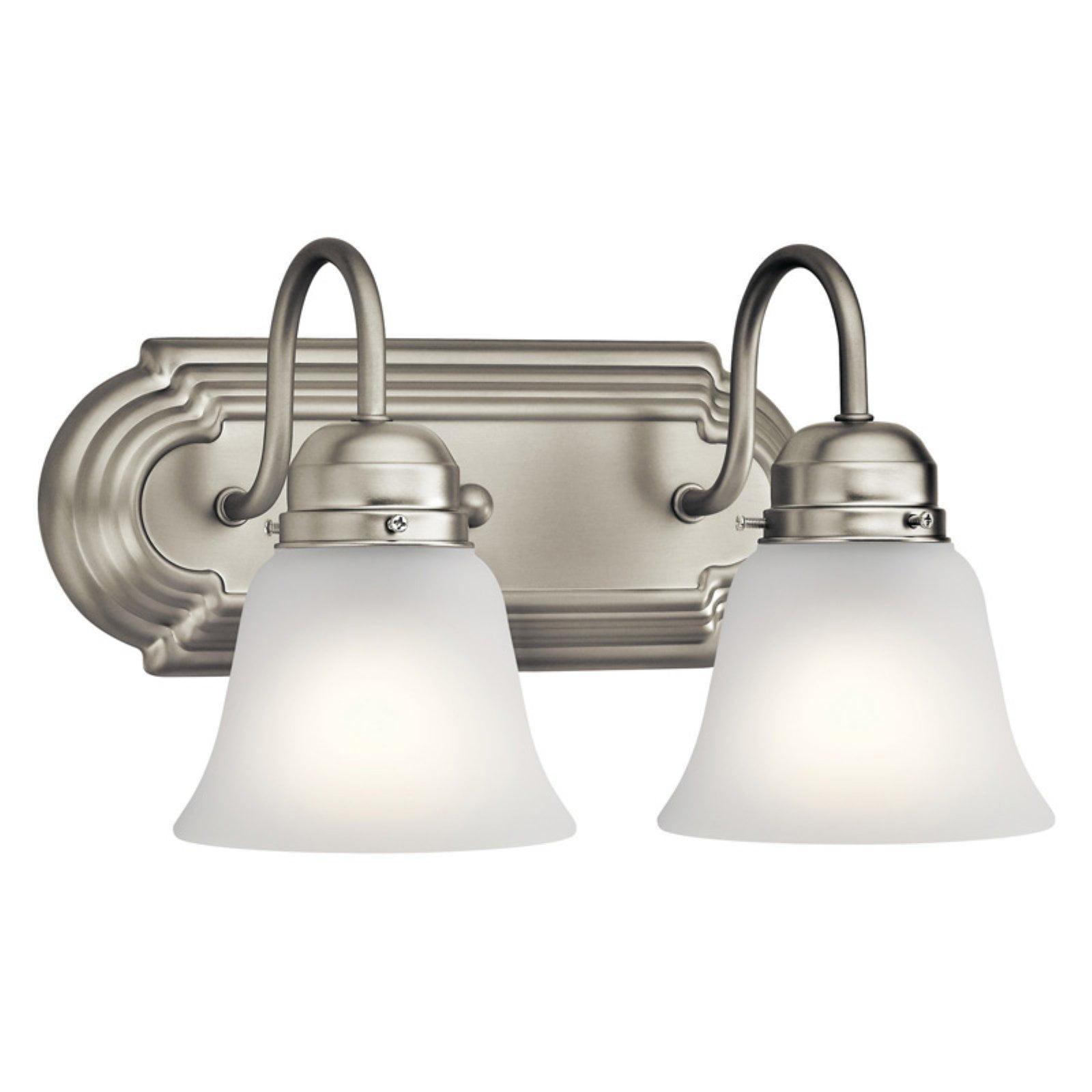 Classic 12.25" Distressed Bronze Vanity Light with White Bell Shades