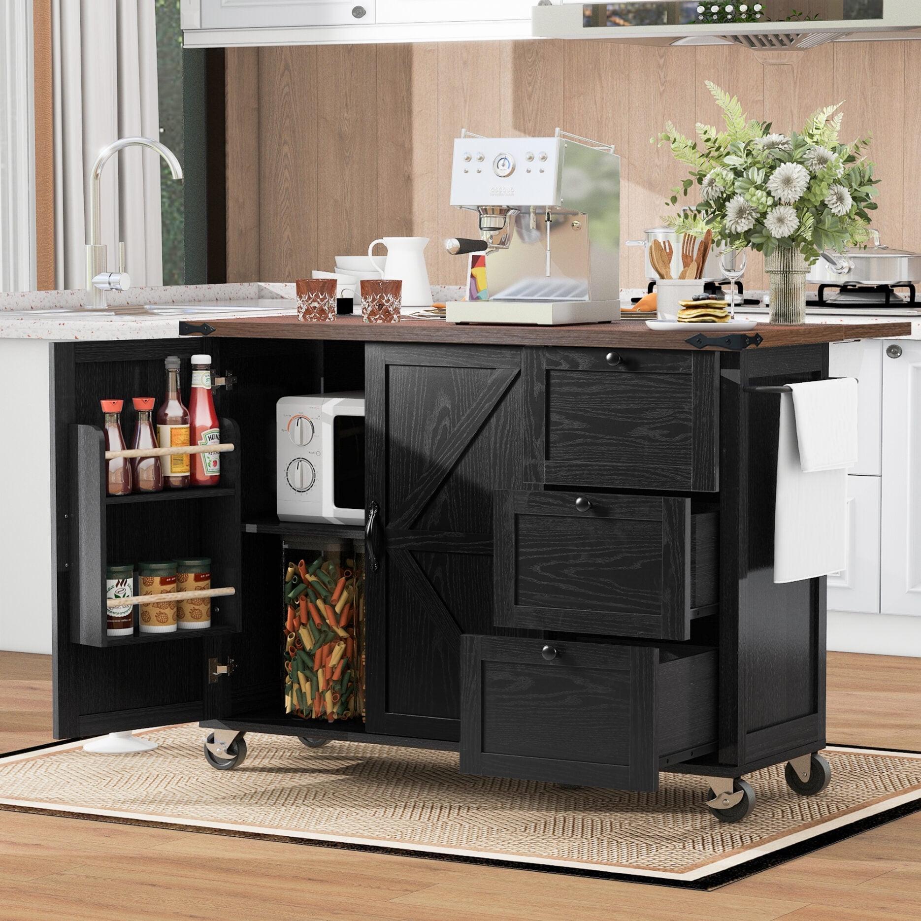 Black Wood 54.5" Farmhouse Kitchen Island with Drop Leaf and Storage