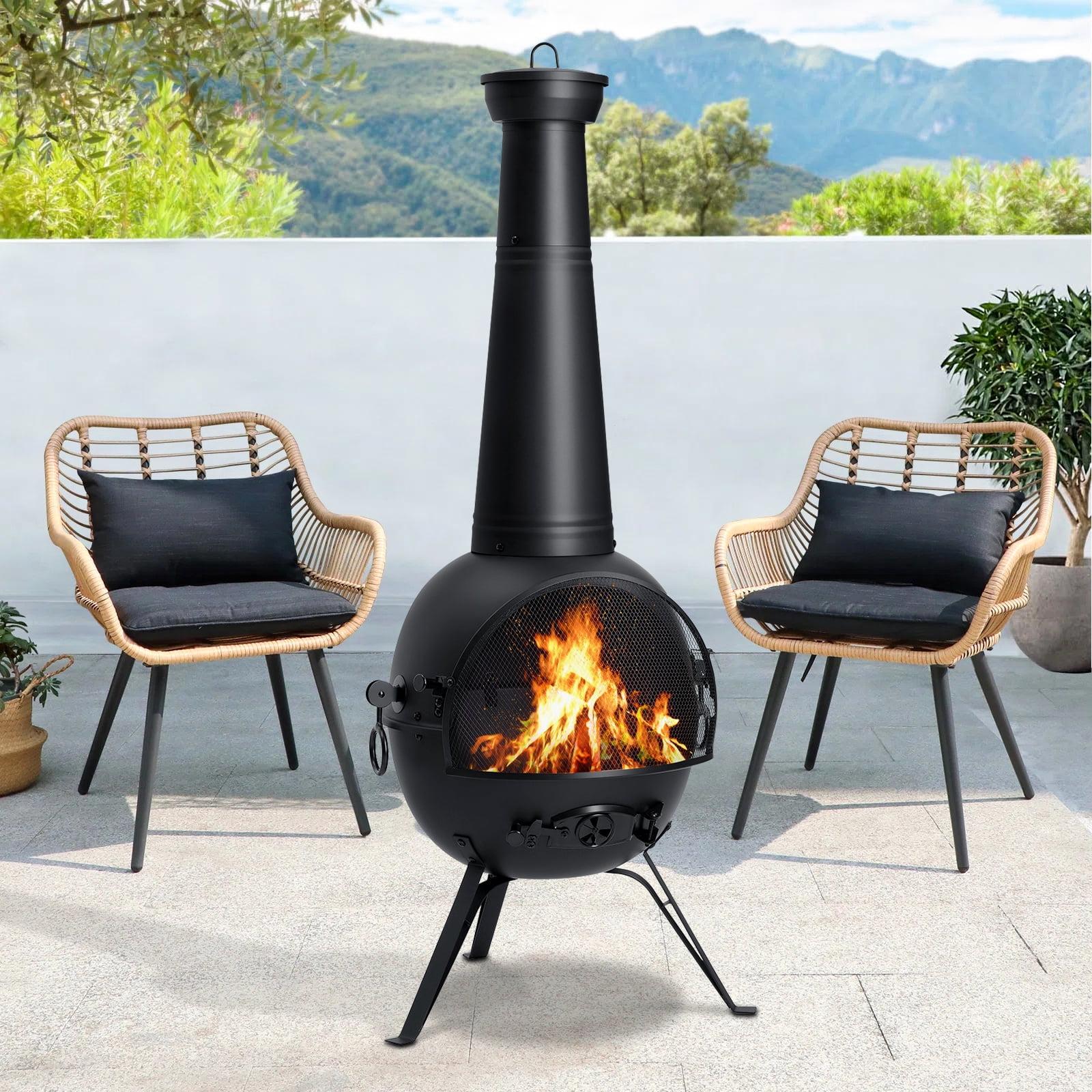 SINGLYFIRE 55 Inch High Fire Pit Fireplace with Chiminea Cover Rust-Free Iron Black