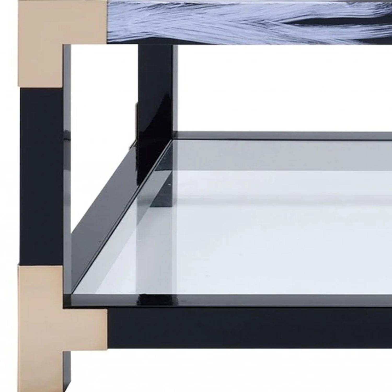 Elegant 54'' White, Black, and Gold Glass Coffee Table with Shelf