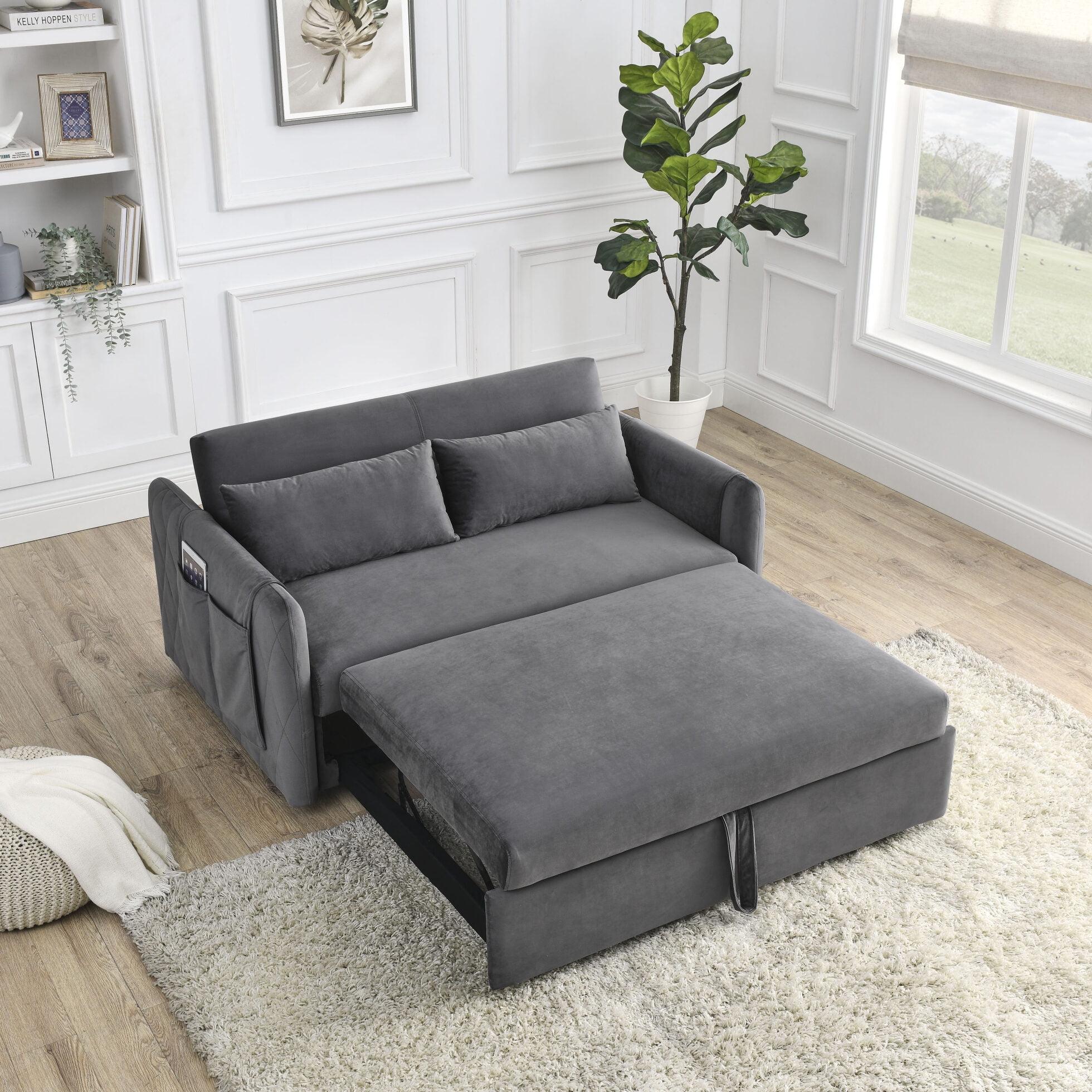 55" Convertible Sofa Bed with 2 Detachable Arm Pockets, Velvet Loveseat Sofa with Pull Out Bed and 2 Pillows, Modern Sleeper Sofa with Adjustable Backrest, Grid Design Armrests for Living Room, Grey