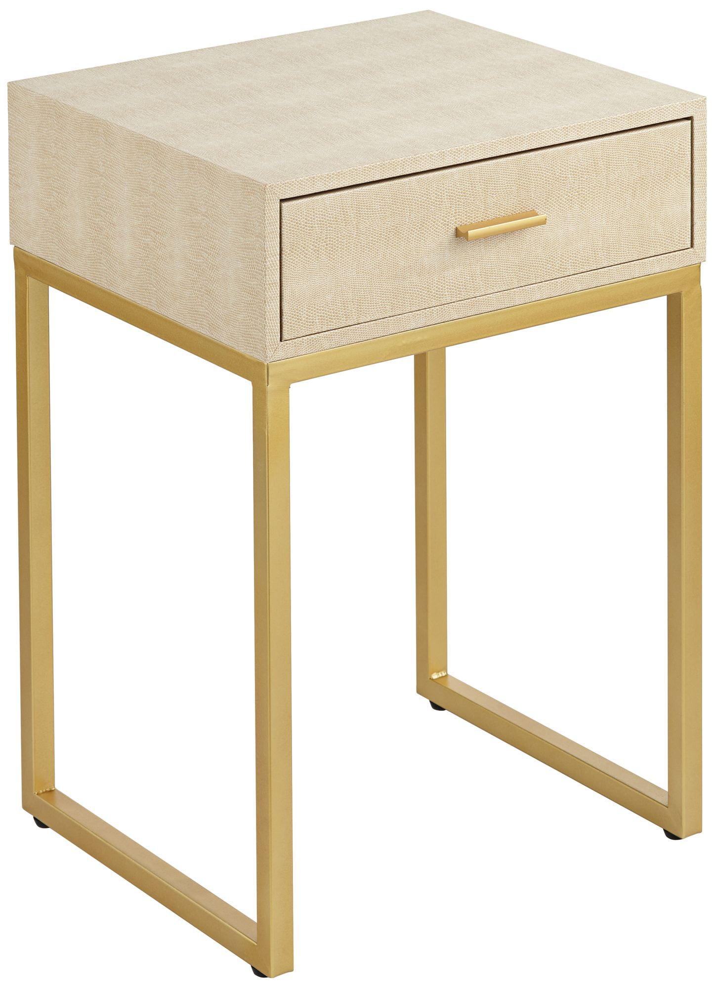 Cream and Gold 16" Faux Shagreen Wood Accent Table with Storage