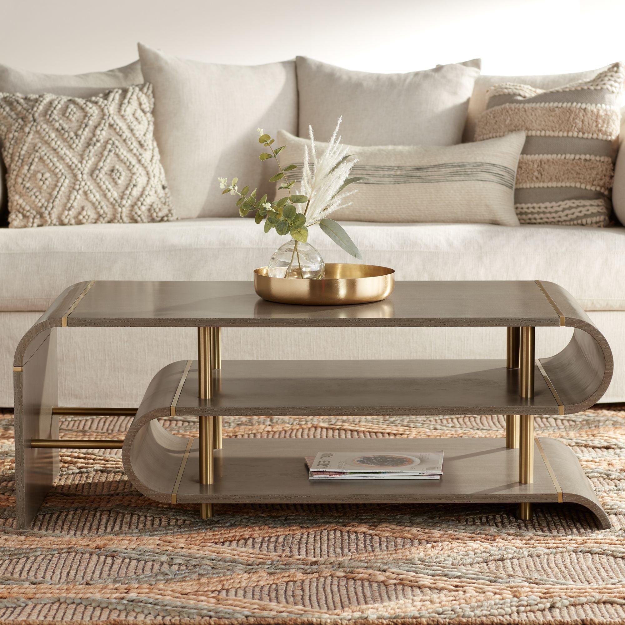 Lucie Gray and Brass Curved Rectangular Coffee Table with Shelves