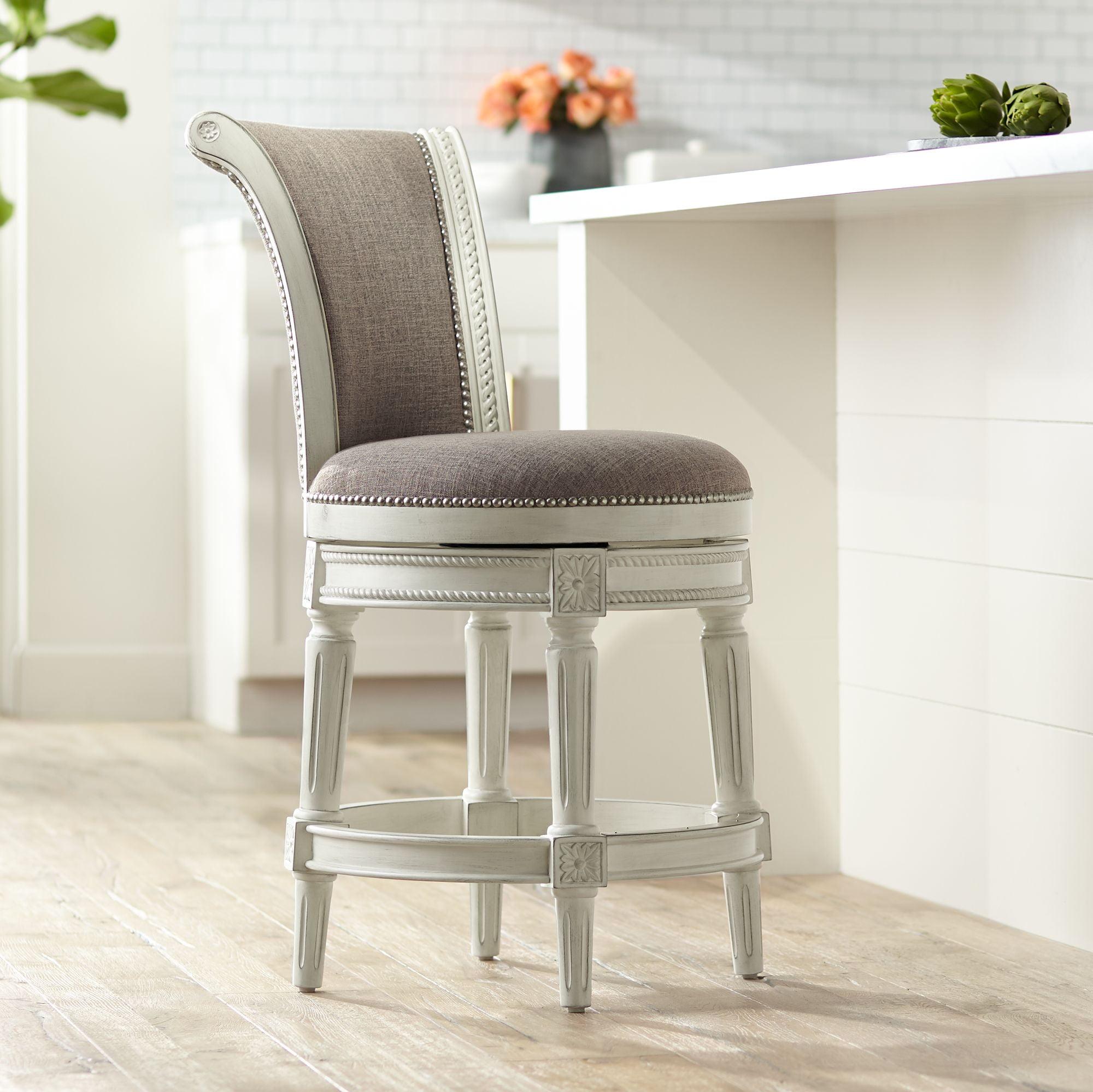 Vintage White and Pewter Gray Swivel Counter Stool with Nailhead Trim