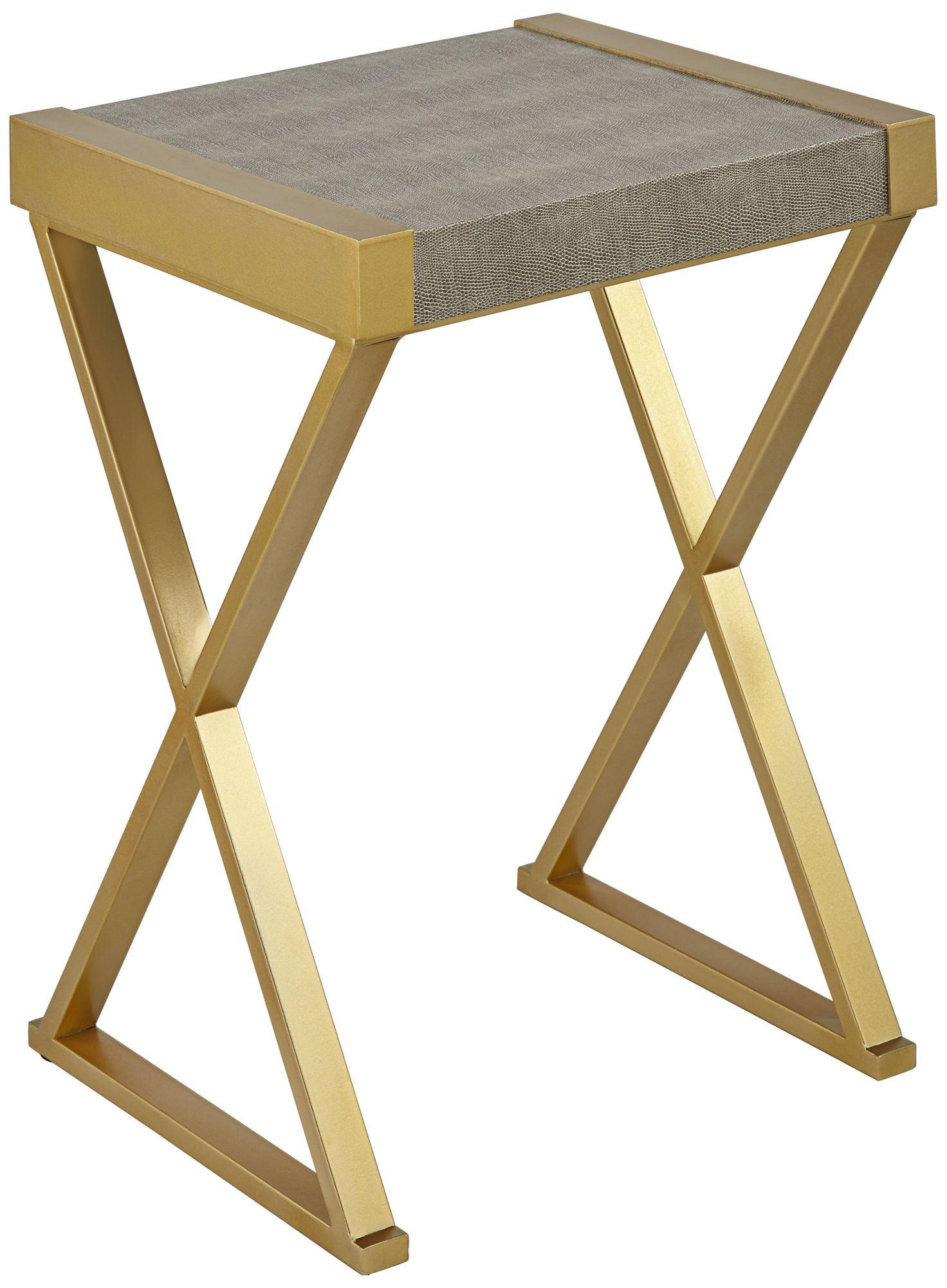 55 Downing Street Sands Point Modern Metal Rectangular Accent Table 16" x 14" Gold Gray Wood Tabletop X-Frame Legs for Living Room Bedroom Bedside