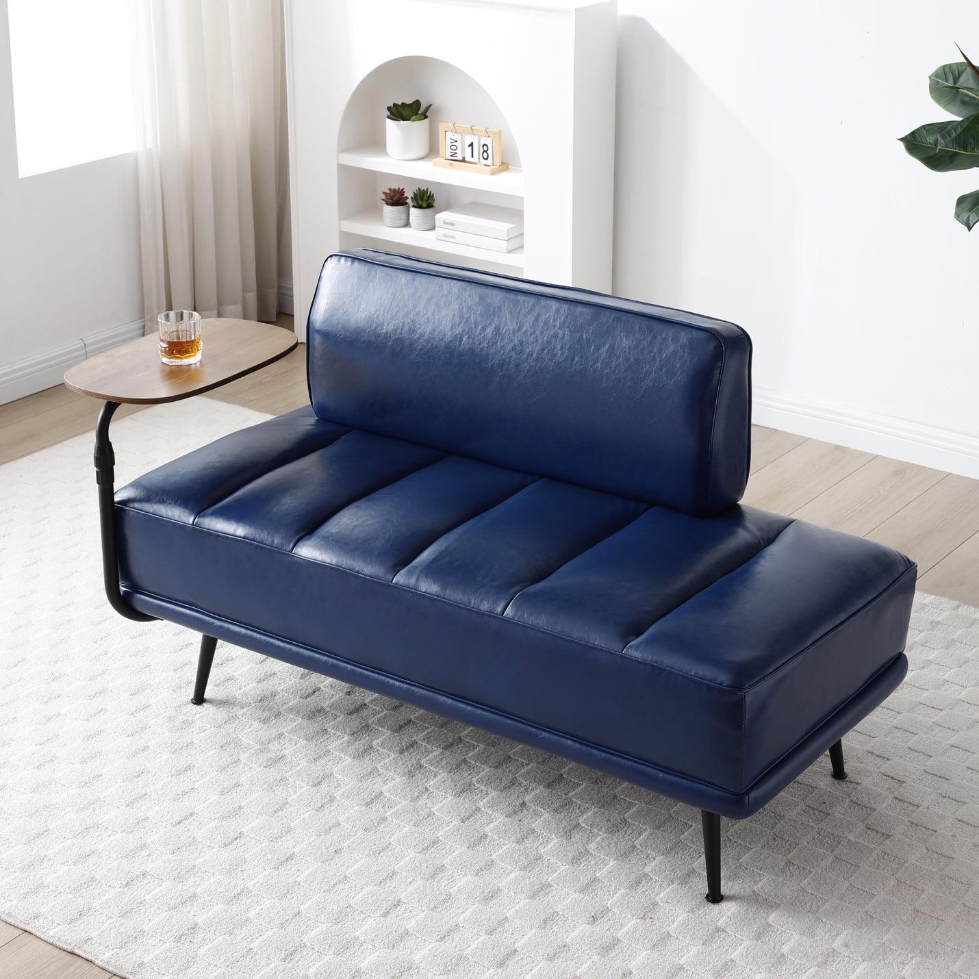 55"Modern End of Bed Bench, PU Leather Upholstered 2 Seater Sofa with Side Table, 360-degree Swivel Tray,Window Bench with Metal Legs for or Living Room, Bedroom, Foyer, Blue