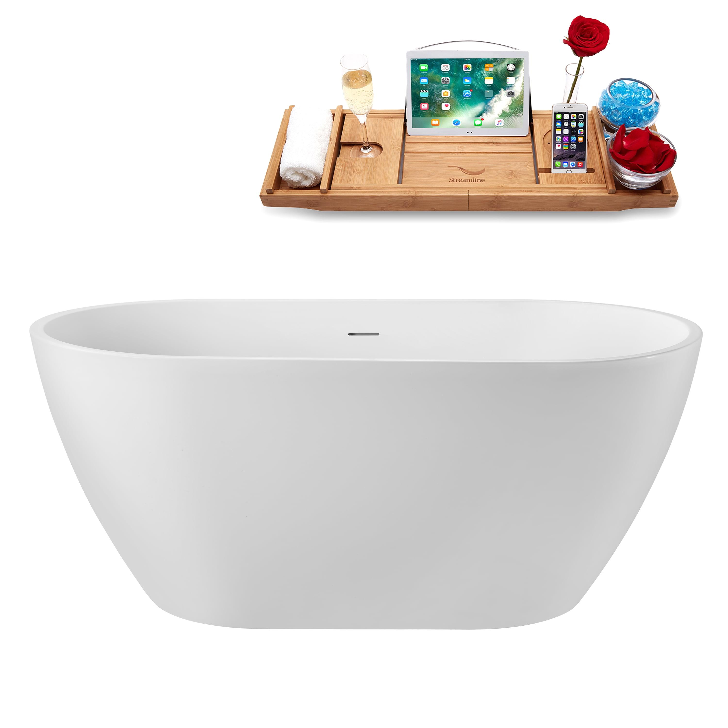 55" Streamline Soaking Glossy White Freestanding Tub and Tray With Internal Drain