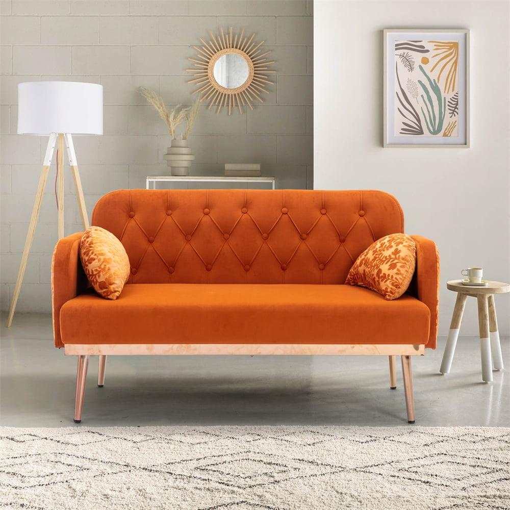 55-inch Small Velvet Couch with Elegant Moon Shape Pillows, Twin Size Loveseat Accent Sofa with Golden Metal Legs, Living Room Sofa with Tufted Backrest, 600 Pounds Weight Capacity-Orange