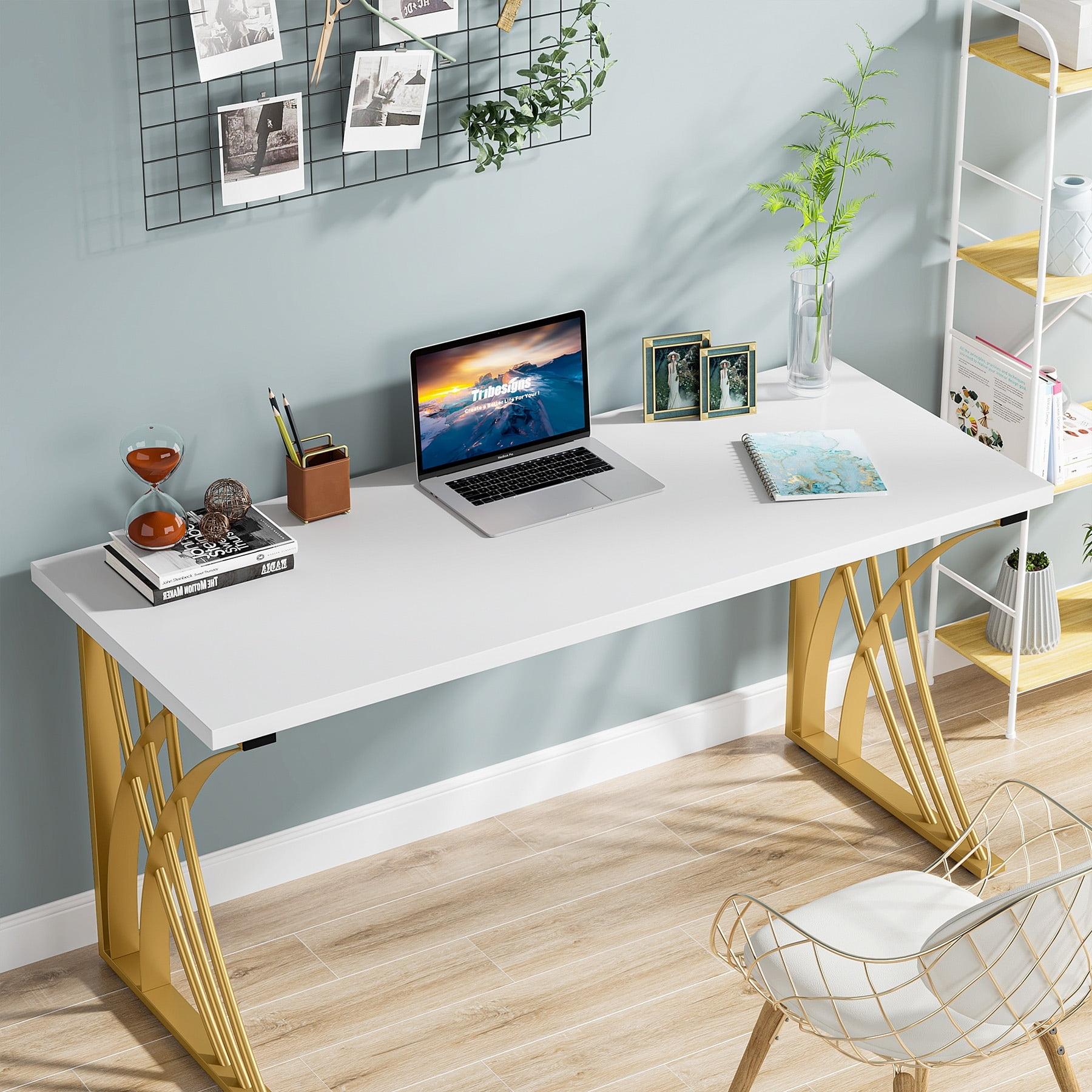 55'' White and Gold Modern Computer Desk with Metal Frame