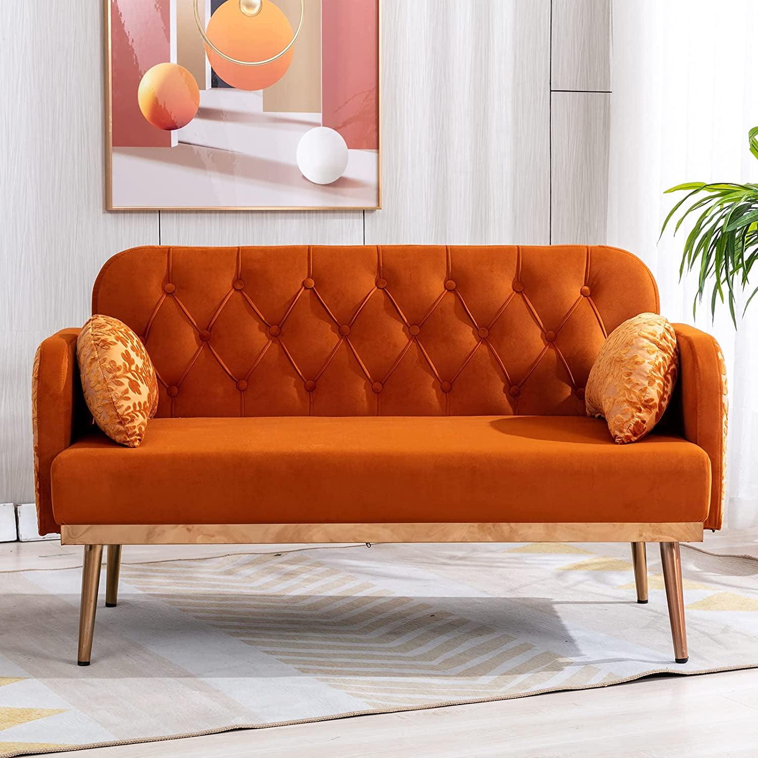 55-inch Small Velvet Couch with Elegant Moon Shape Pillows, Twin Size Loveseat Accent Sofa with Golden Metal Legs, Living Room Sofa with Tufted Backrest, 600 Pounds Weight Capacity-Orange