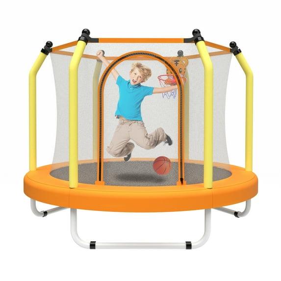 55 inch Trampoline for Kids,Indoor & Outdoor Kids Trampoline with Basketball Hoop and Safety Enclosure Net,Yellow