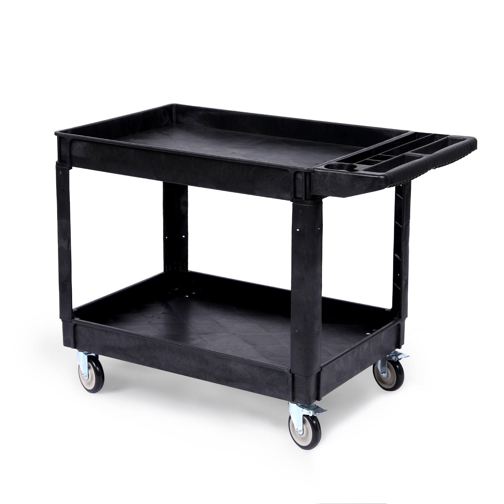 Black Heavy Duty Polypropylene 2-Shelf Rolling Utility Cart with Ergonomic Handle