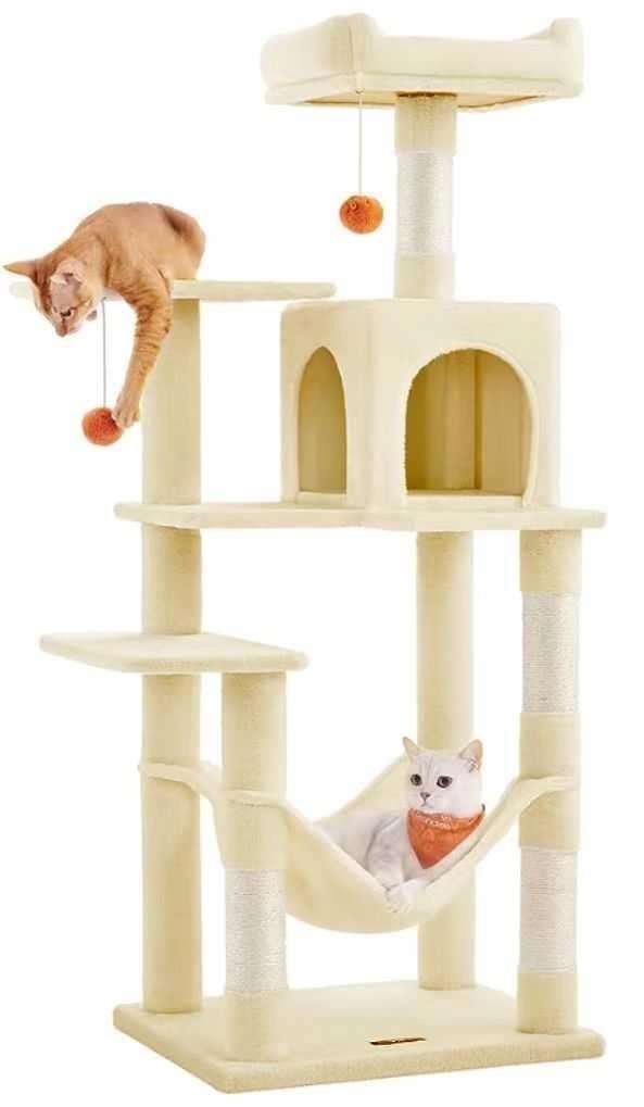 Feandrea Cat Tree, 56.3-Inch Cat Tower for Indoor Cats, Multi-Level Cat Condo with 4 Scratching Posts, 2 Perches, Hammock, Cave, Beige