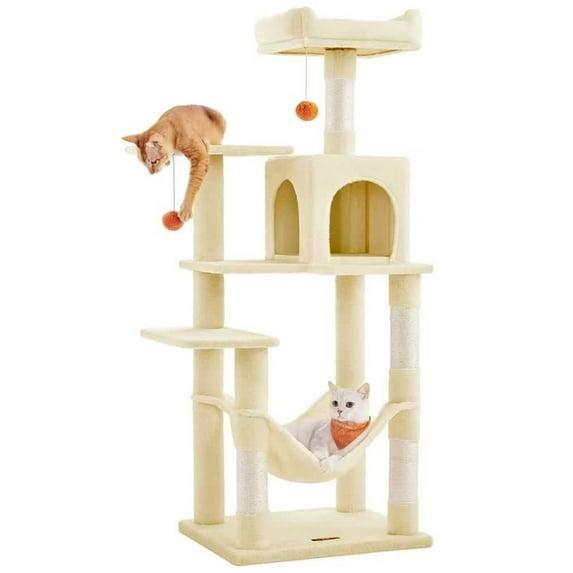 Feandrea Cat Tree, 56.3-Inch Cat Tower for Indoor Cats, Multi-Level Cat Condo with 4 Scratching Posts, 2 Perches, Hammock, Cave, Beige