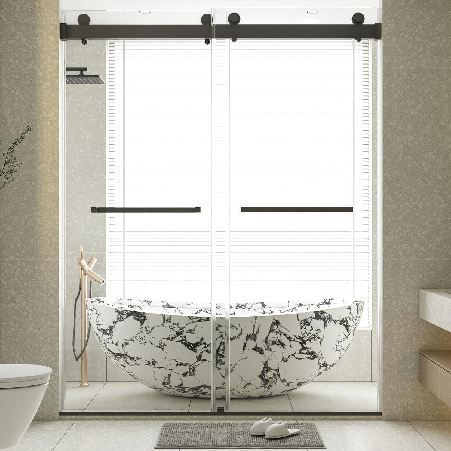 Matte Black Frameless Double Sliding Shower Door with Tempered Glass