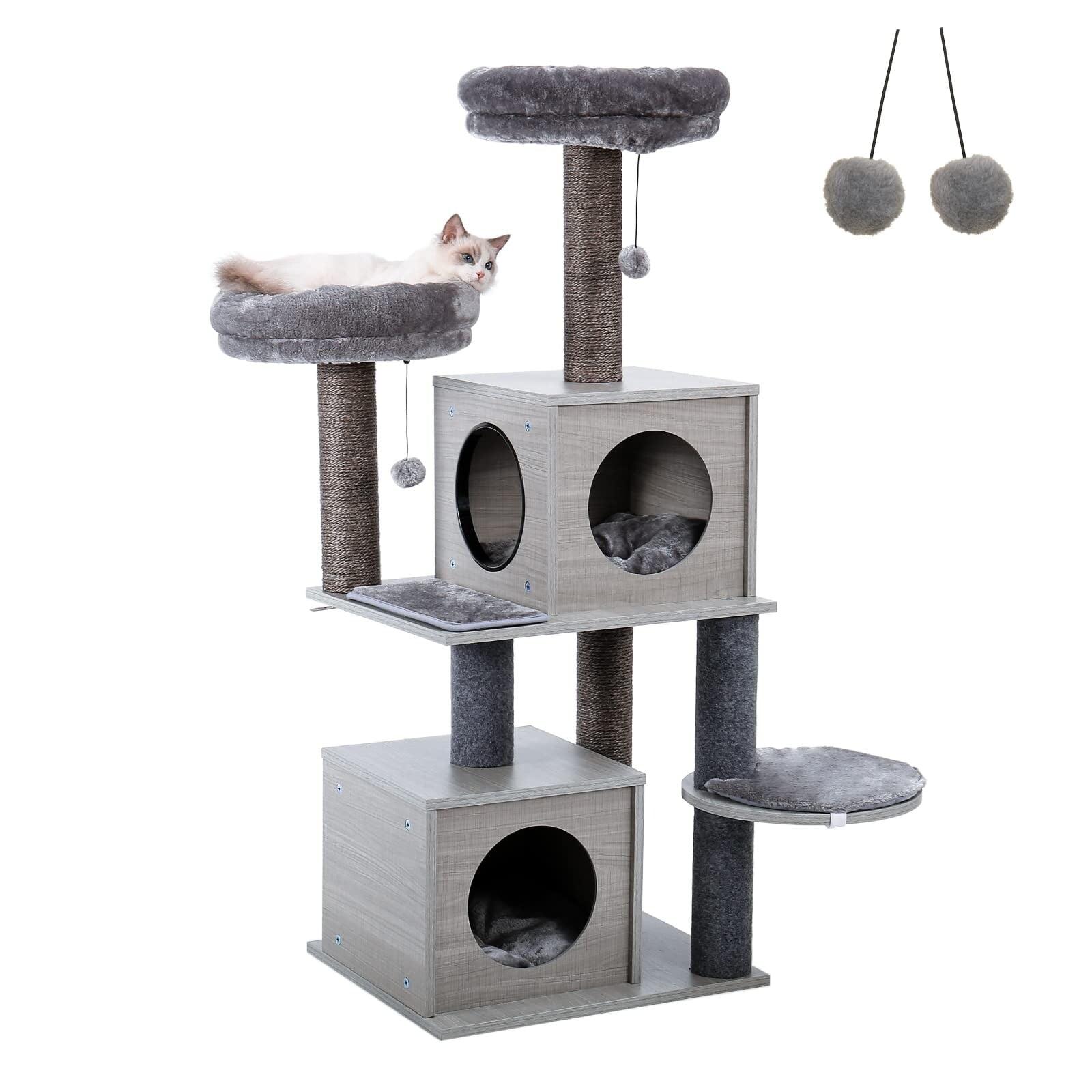 56-Inch Gray Wooden Cat Tree with Sisal Posts and Plush Condos