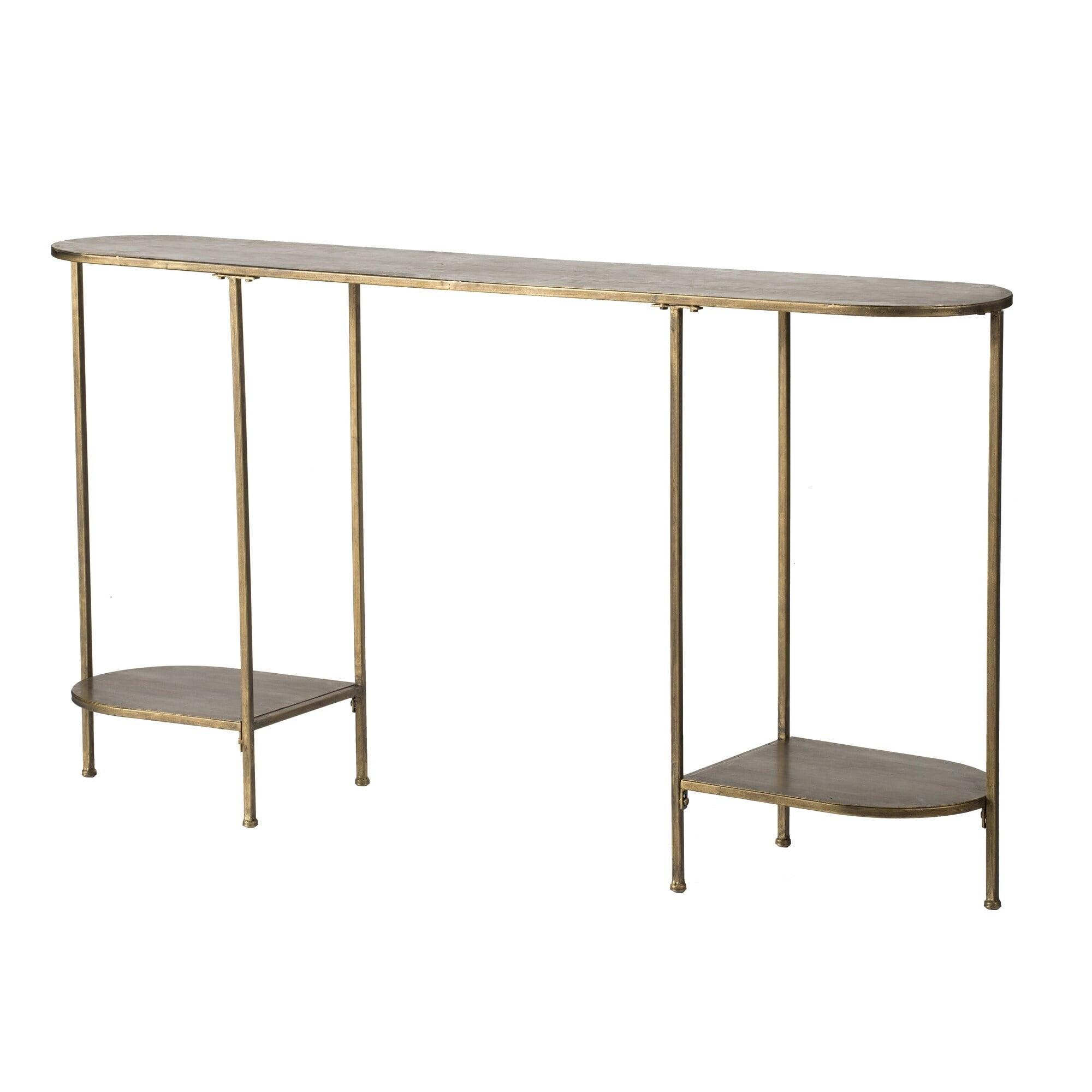 Bronze Finish 57'' Iron Console Table with Oval Glass Top & Storage Shelves