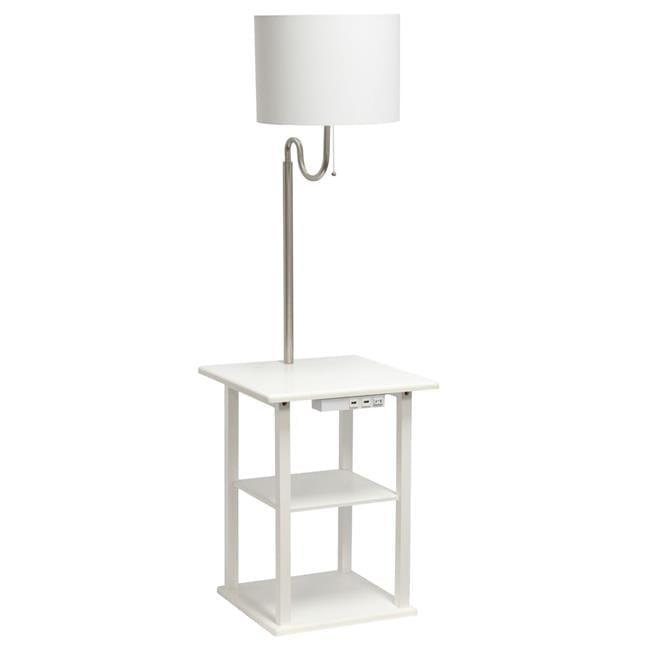57 in. Modern 2 Tier End Table & White Drum Fabric Shade Floor Lamp with 2 x USB Charging Ports & Power Outlet, White