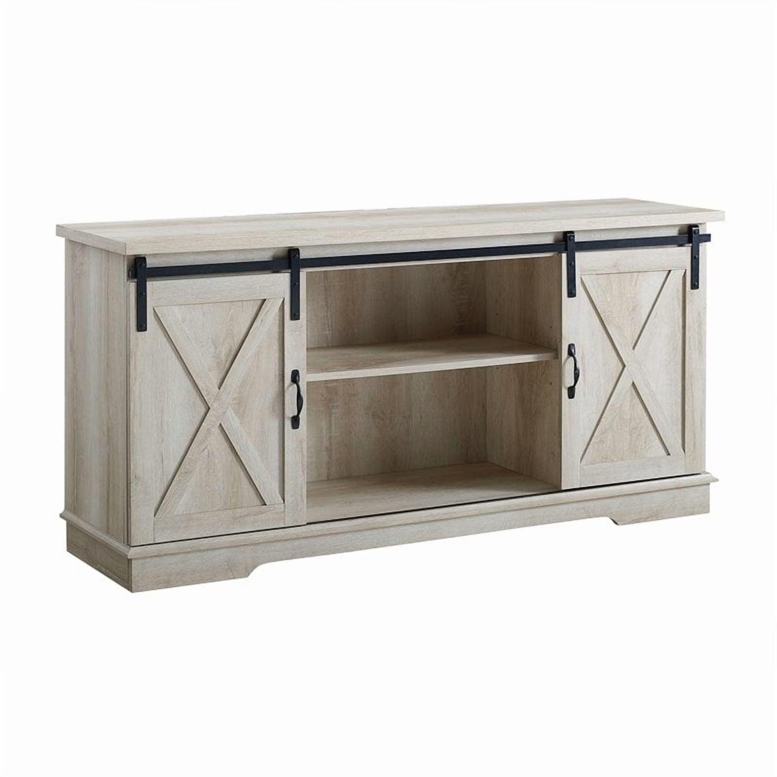 58" Modern Farmhouse Wood TV Stand with Sliding Barn Doors - Solid White Oak