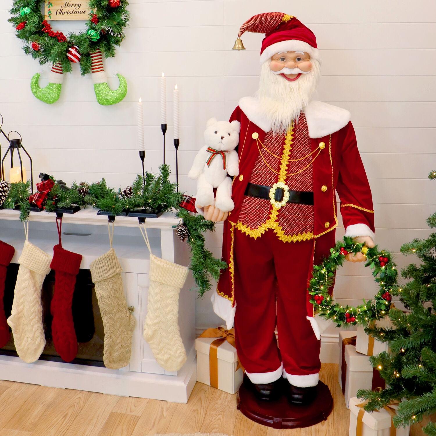 58" Red Velvet Dancing Santa with Bear and Wreath