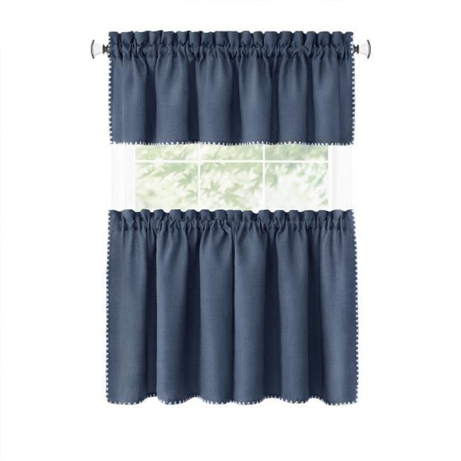 Blue Polyester Light-Filtering Rod Pocket Kitchen Curtain Set