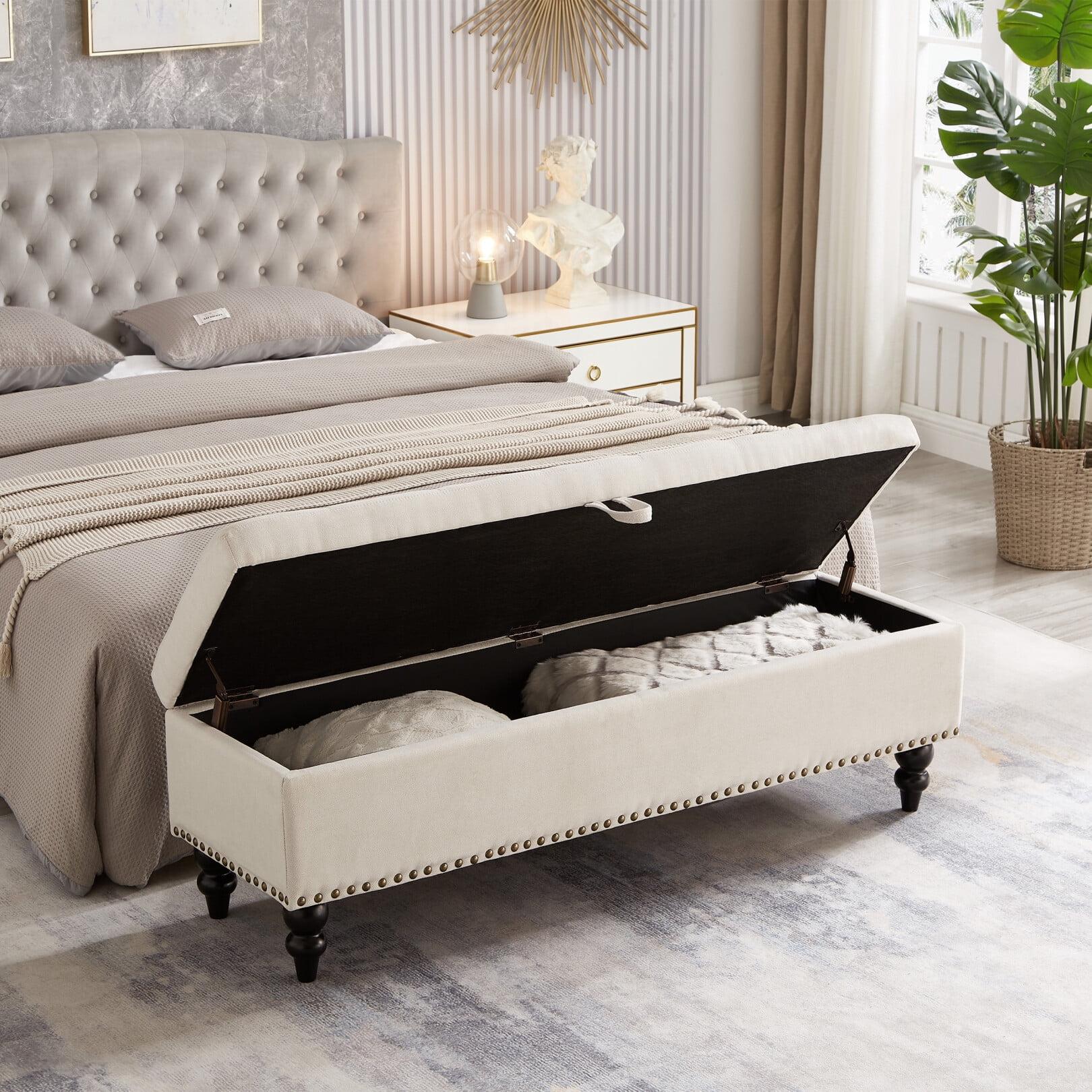 59" Ottoman Bench with Build-in Storage, Folding Storage Ottoman Linen Bench with Wood Legs, Upholstered Bedroom Bench with Button-Tufted, Entryway Bench Storage Bench for Bedroom, Beige