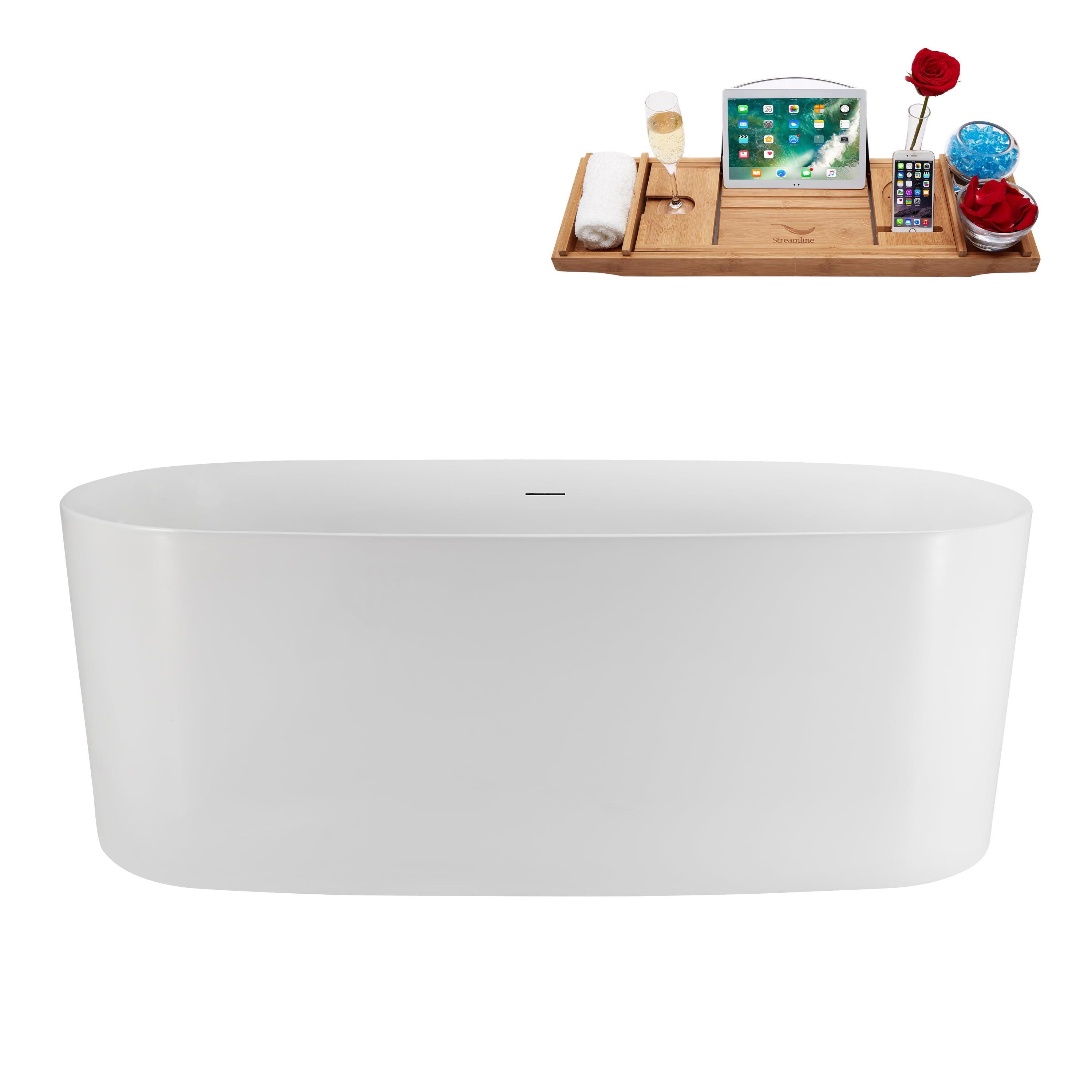 59" Glossy White Acrylic Freestanding Soaking Tub with Matte Black Trim