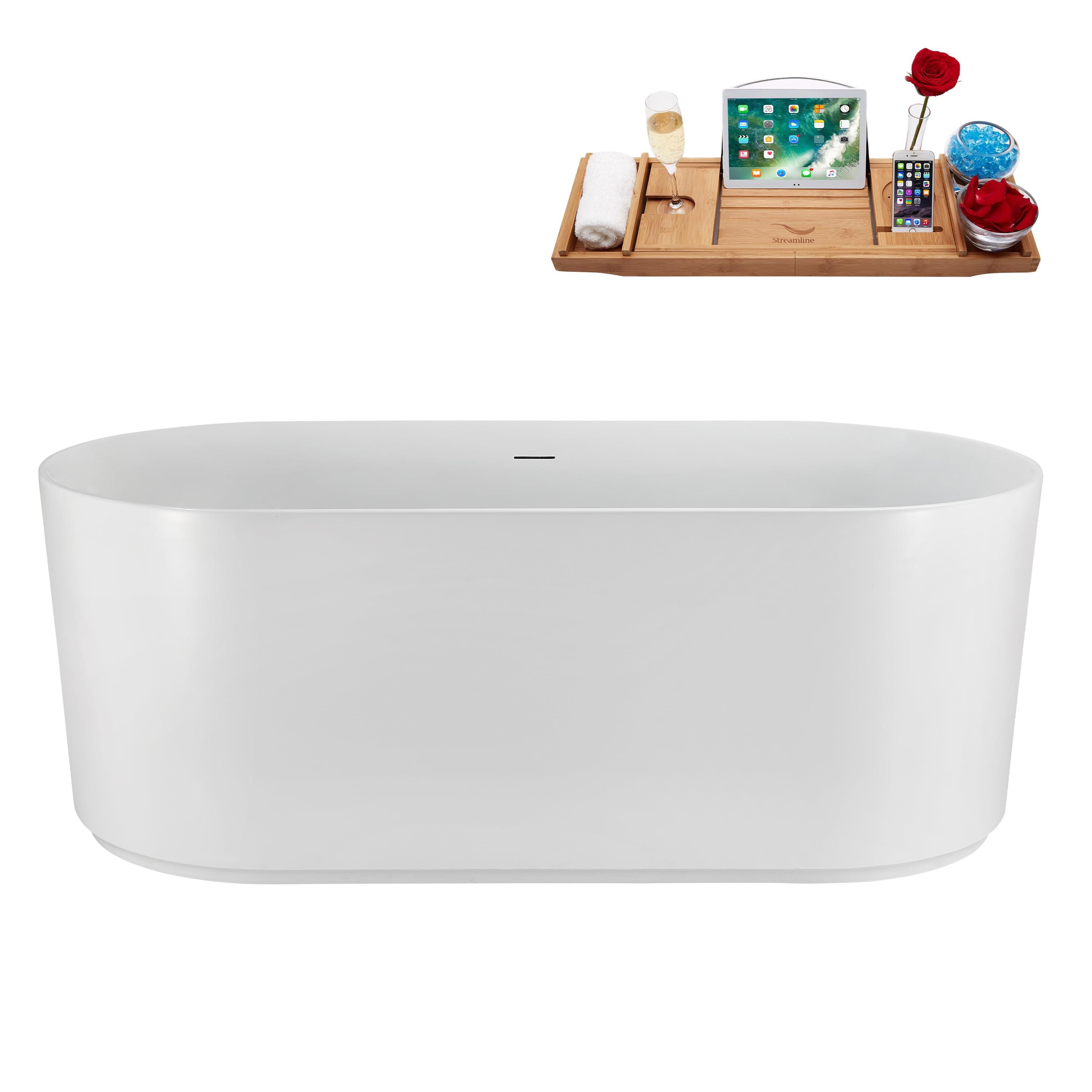 59" Glossy White Acrylic Freestanding Soaking Tub with Matte Black Trim