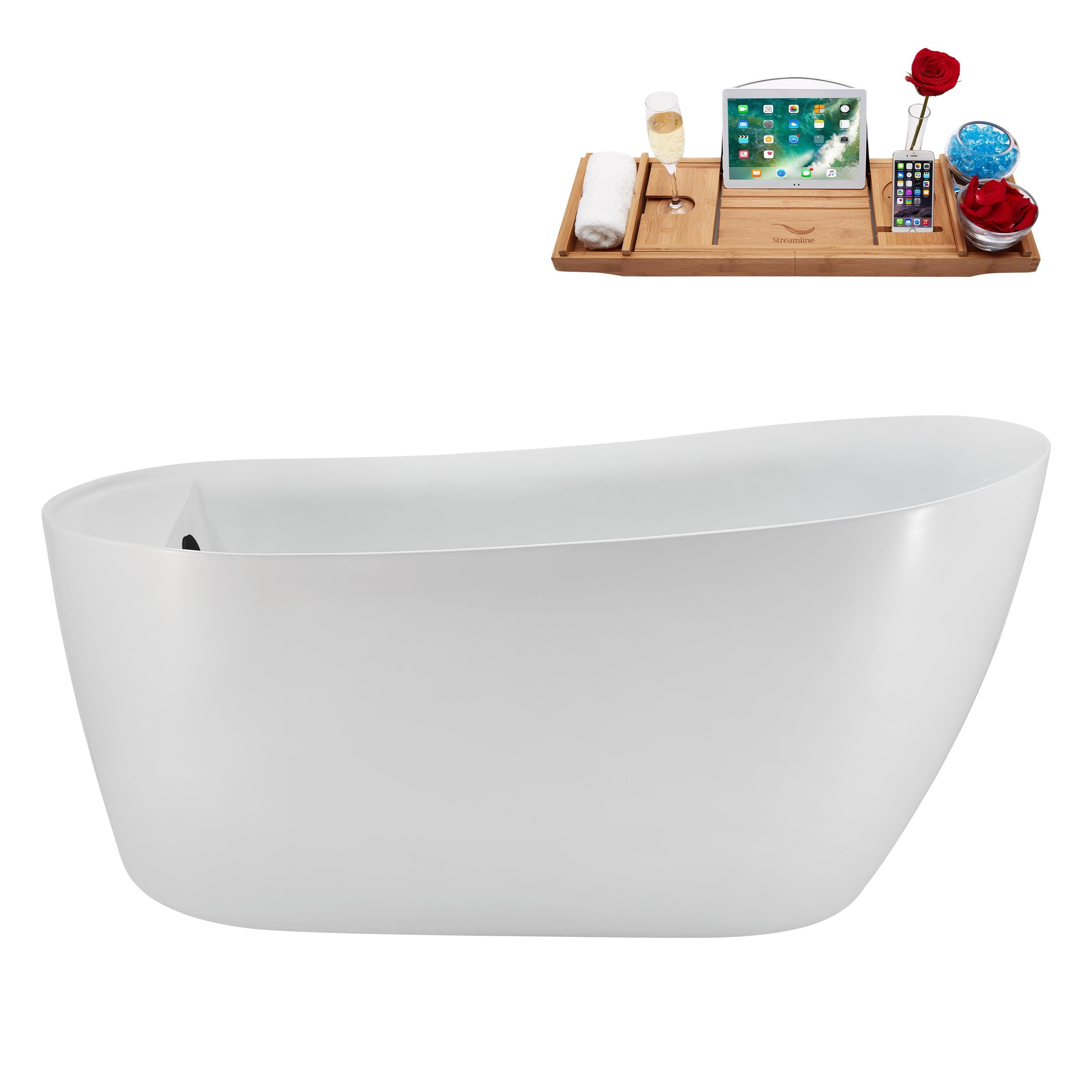 Streamline Bath 59" Streamline Freestanding Soaking Acrylic Bathtub With Drain and Bamboo Tray N2080BL