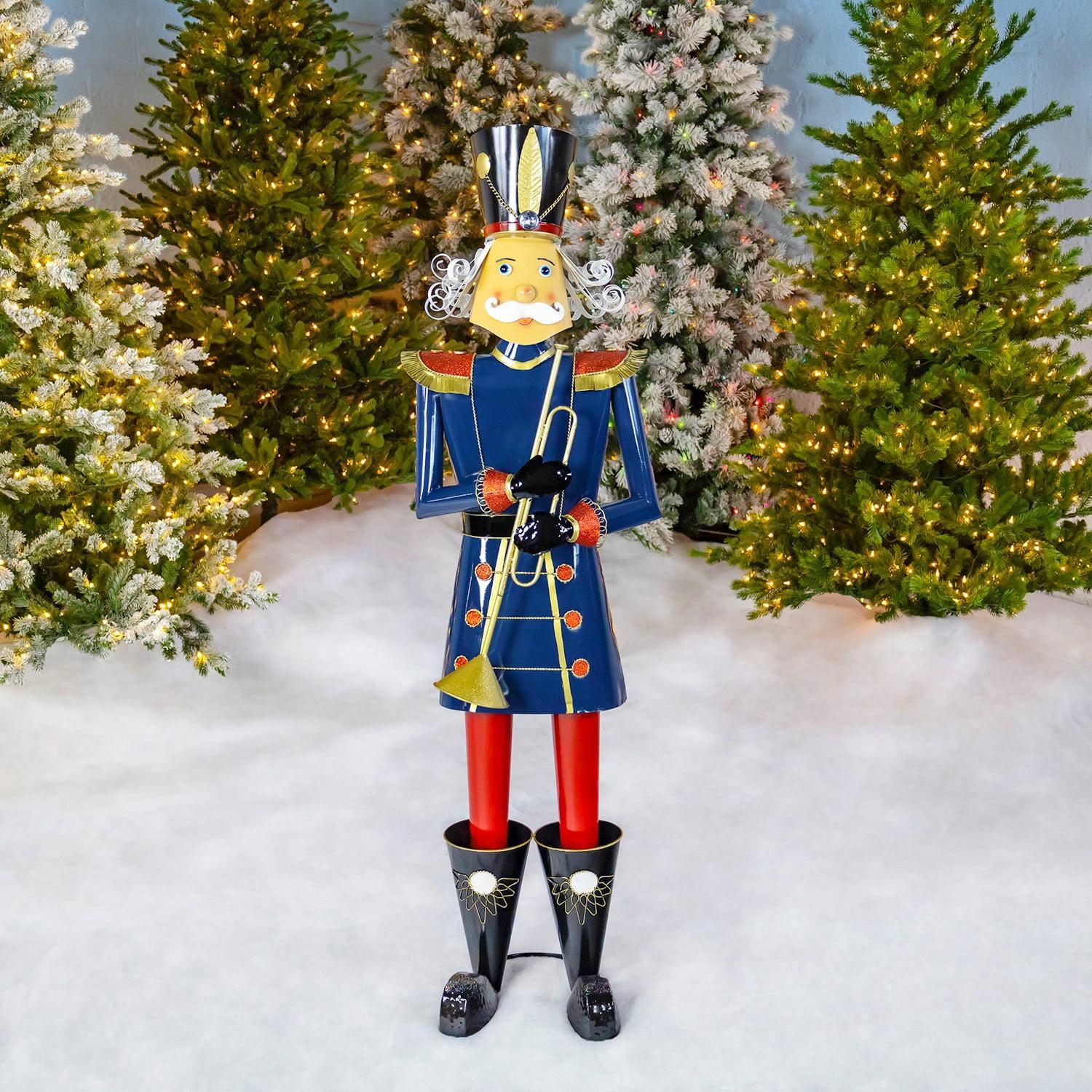 59" Tall Iron Christmas Blue Nutcracker Holding Trumpet "Harold"