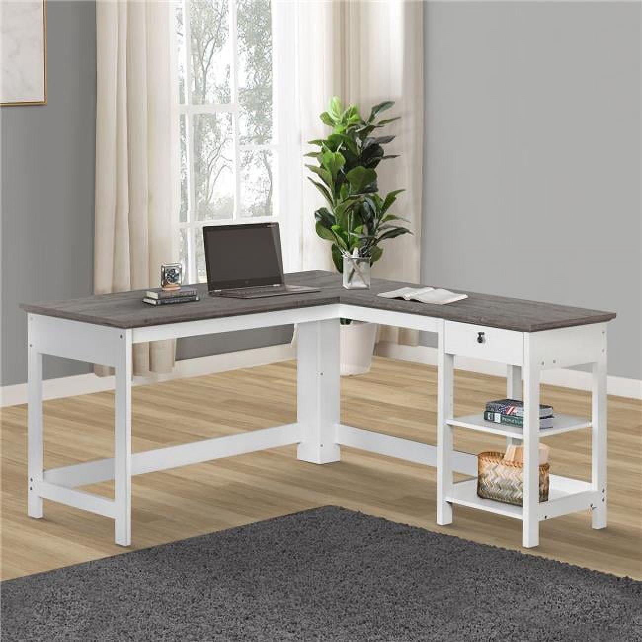 Finley White and Gray Oak L-Shaped Writing Desk with Drawer