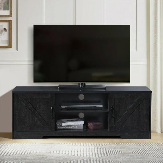 AndMakers 59 in. Farmhouse Black Oak TV Stand For TVs Up To 59" with 2 Storage Cabinets, Wood Barn Door Media Television Console Table With Storage