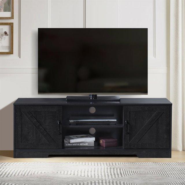 AndMakers 59 in. Farmhouse Black Oak TV Stand For TVs Up To 59" with 2 Storage Cabinets, Wood Barn Door Media Television Console Table With Storage