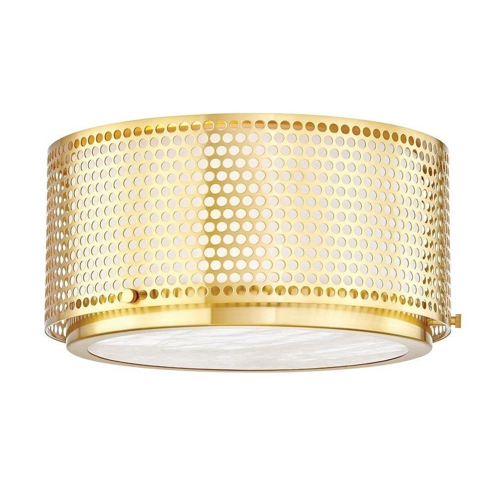 Aged Brass Perforated Metal Drum Flush Mount Light