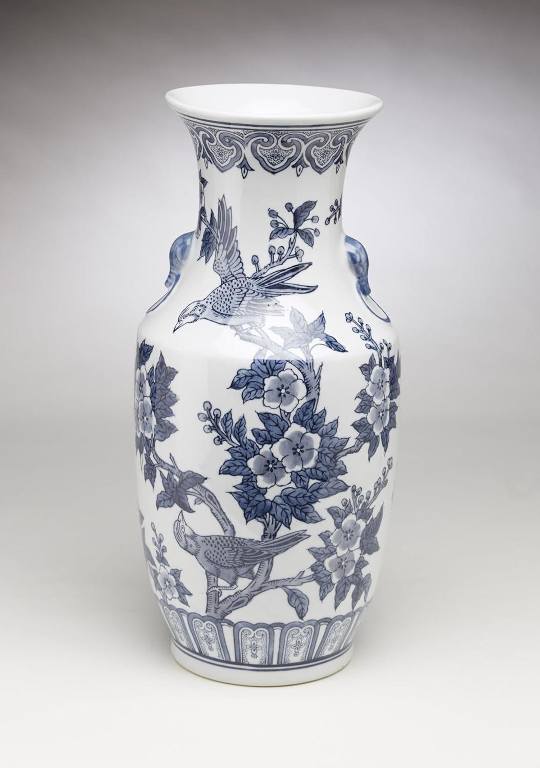 Blue and White Porcelain Decorative Vase with Bird and Floral Design