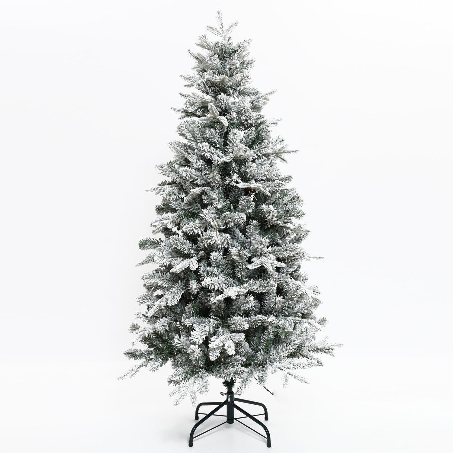 LuxenHome 5Ft Prelit Christmas Tree with Metal Stand, Full Fir Artificial Flocked Christmas Tree with 150 LED Lights Green