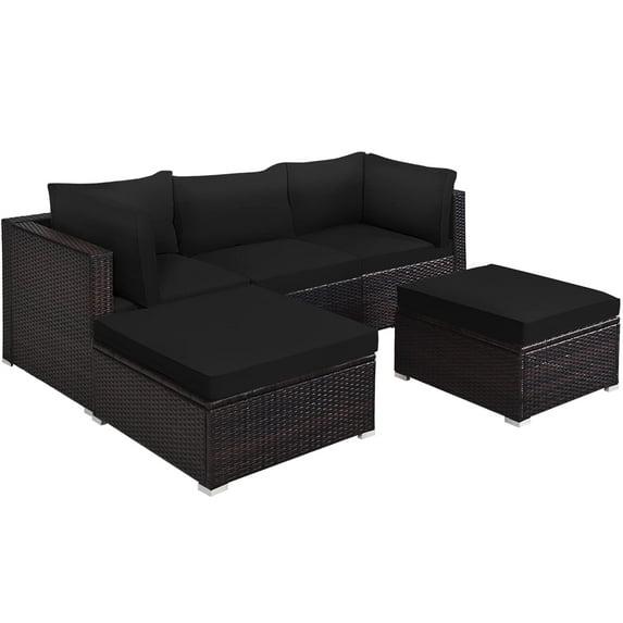 Spaco 5 Pieces Patio Sectional Rattan Furniture Set with Ottoman Table-Black, Wicker Furniture Conversation Sets for Garden, Poolside, Backyard