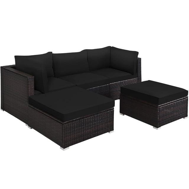 Spaco 5 Pieces Patio Sectional Rattan Furniture Set with Ottoman Table-Black, Wicker Furniture Conversation Sets for Garden, Poolside, Backyard