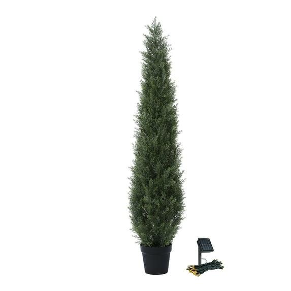 5ft Artificial Cedar Topiary Trees for Outdoors, Fake Cypress Plants with Solar Light String, Faux uv resistant Plants for Home Front Porch Decor, Housewarming Gift