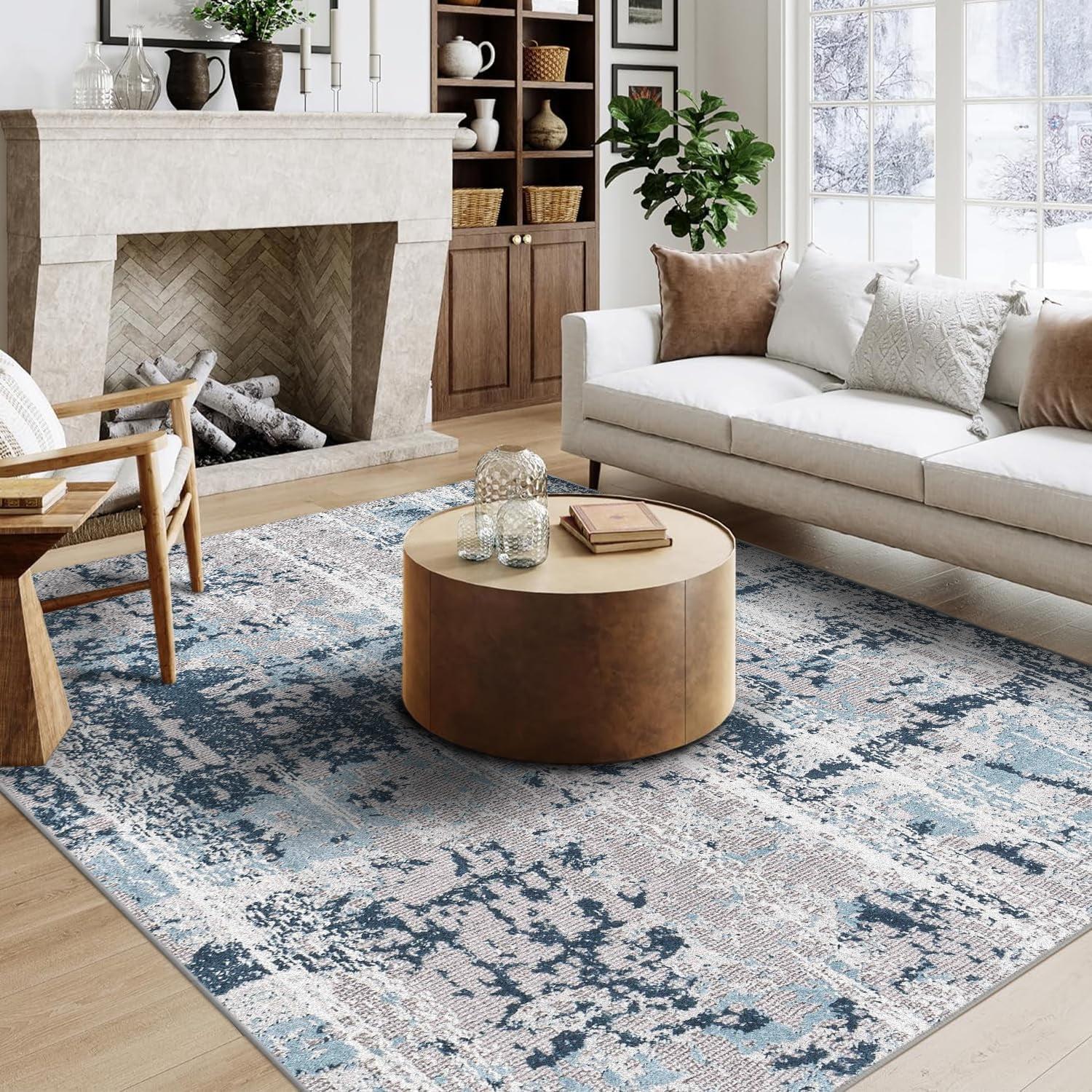 WhizMax 5'x7' Modern Blue Abstract Area Rug Machine Washable Contemporary Rug Soft Foldable Thin Accent Rug Anti-Slip Non-Shedding Floor Carpet