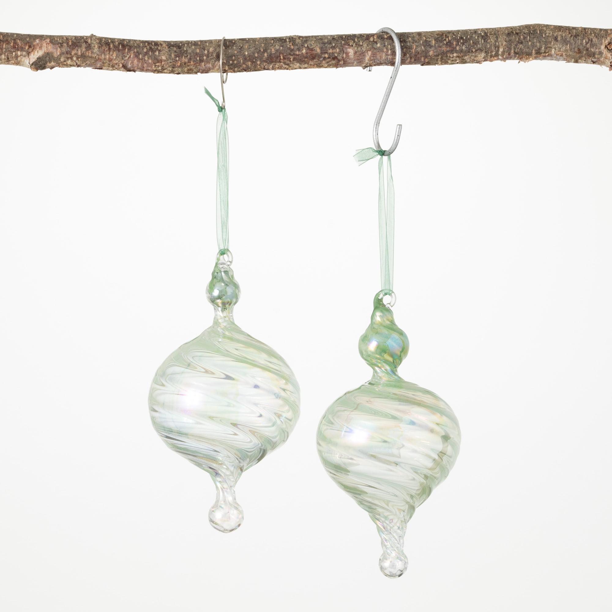 Hand-Blown Iridescent Sage Glass Finial Ornament Set