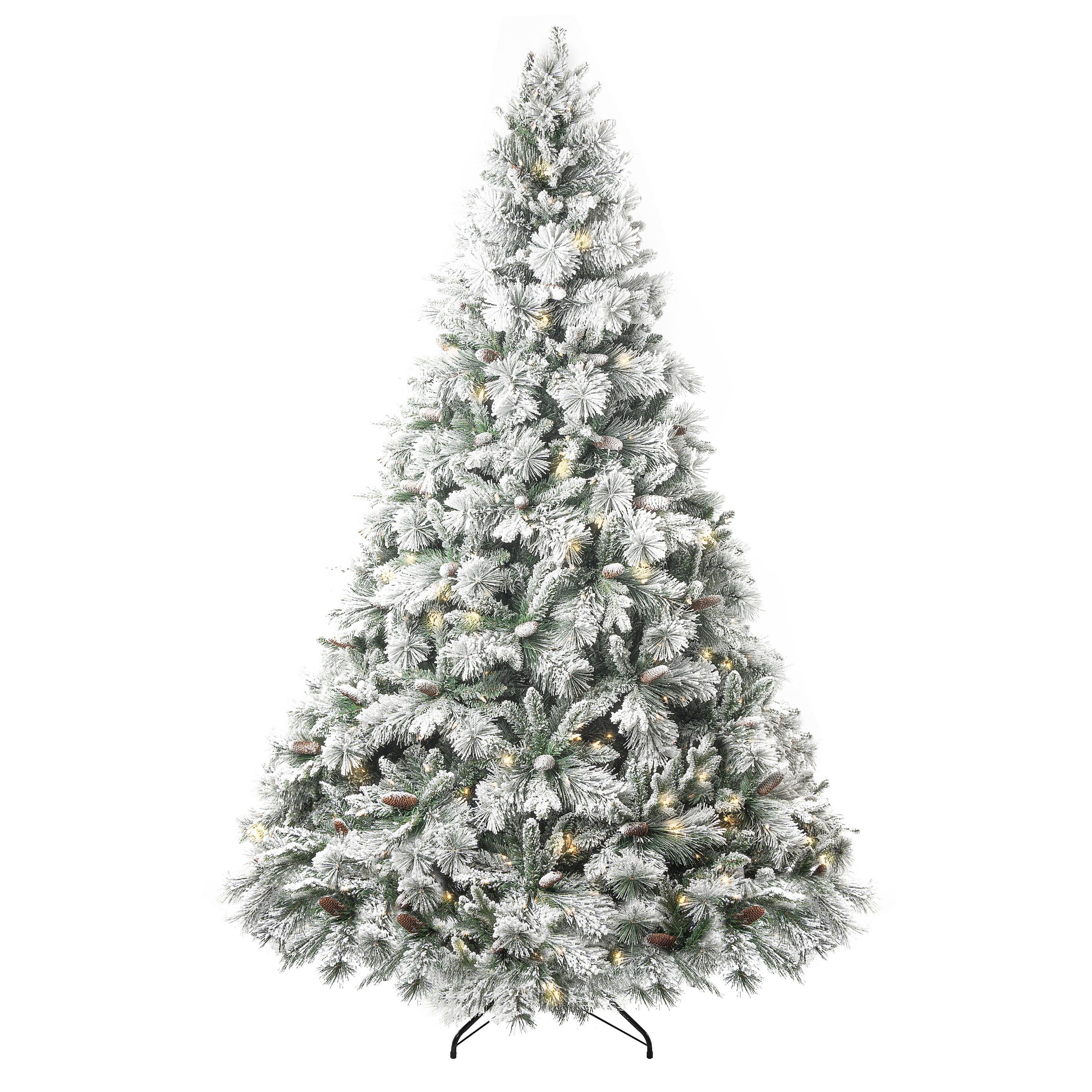 6.5ft Snow-Flocked Prelit Pine Christmas Tree with Pine Cones and Metal Stand