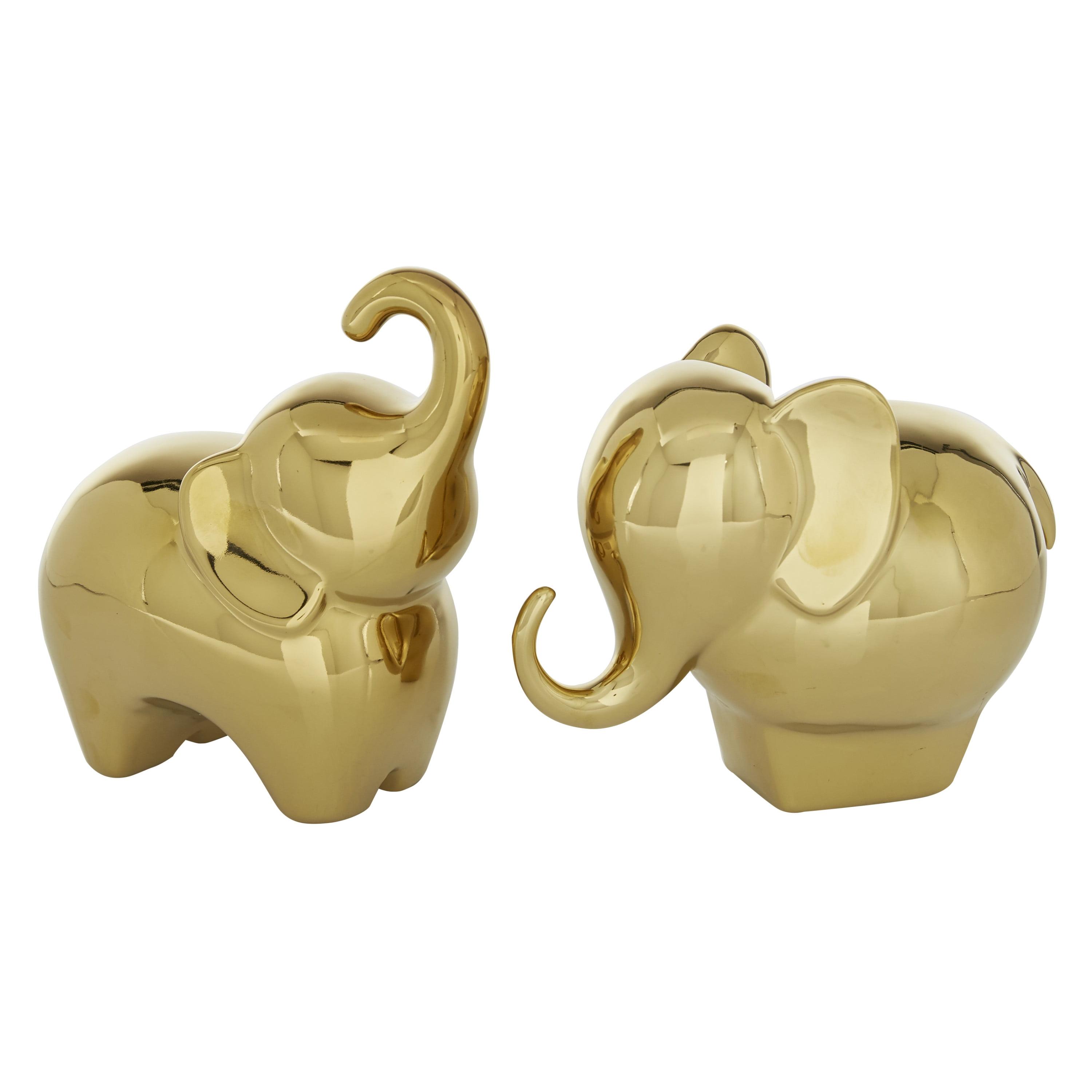 Gold Porcelain Elephant Statue Set, 6" and 7" Heights