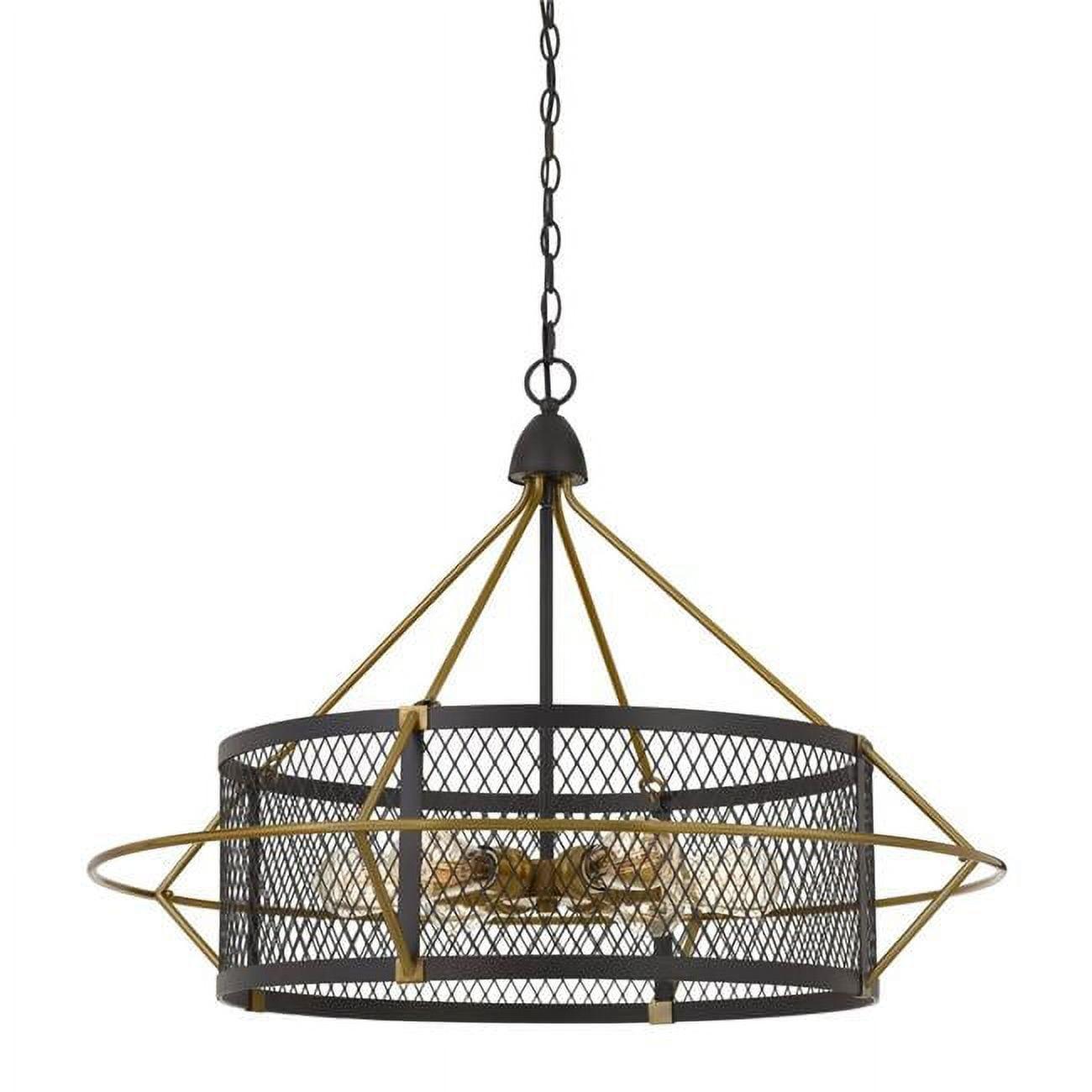 6 Bulb Metal Chandelier with Round Mesh Frame, Black & Gold