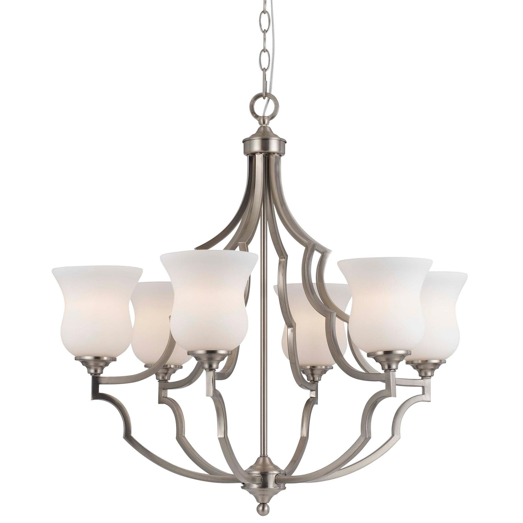 Elegant Silver Metal and White Glass 6-Bulb Chandelier