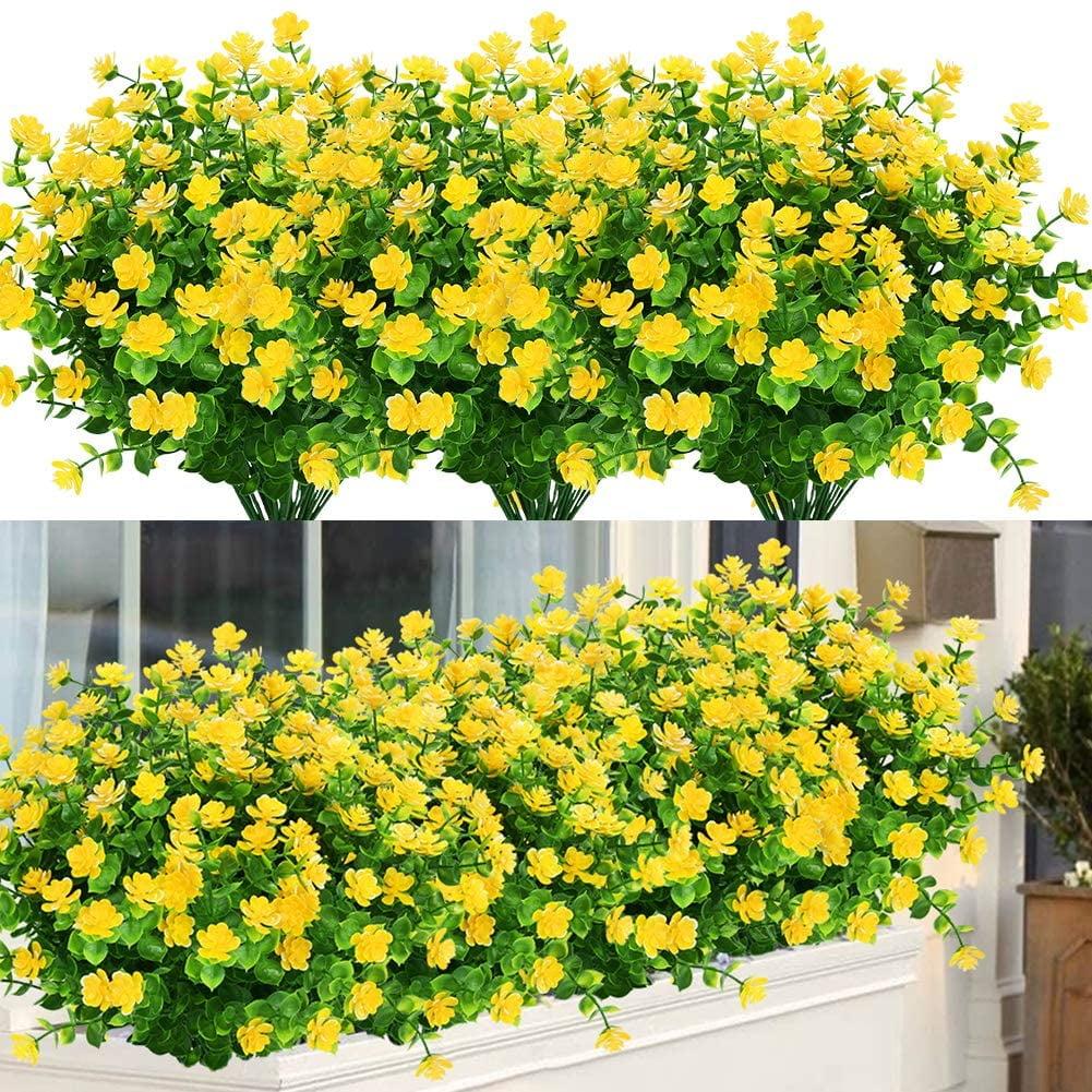 Baumaty 6 Bundles Outdoor Artificial Flowers UV Resistant Boxwood Plants, Greenery for Indoor Outside Hanging Garden Porch Window Box Home Wedding Farmhouse Decor (Yellow)