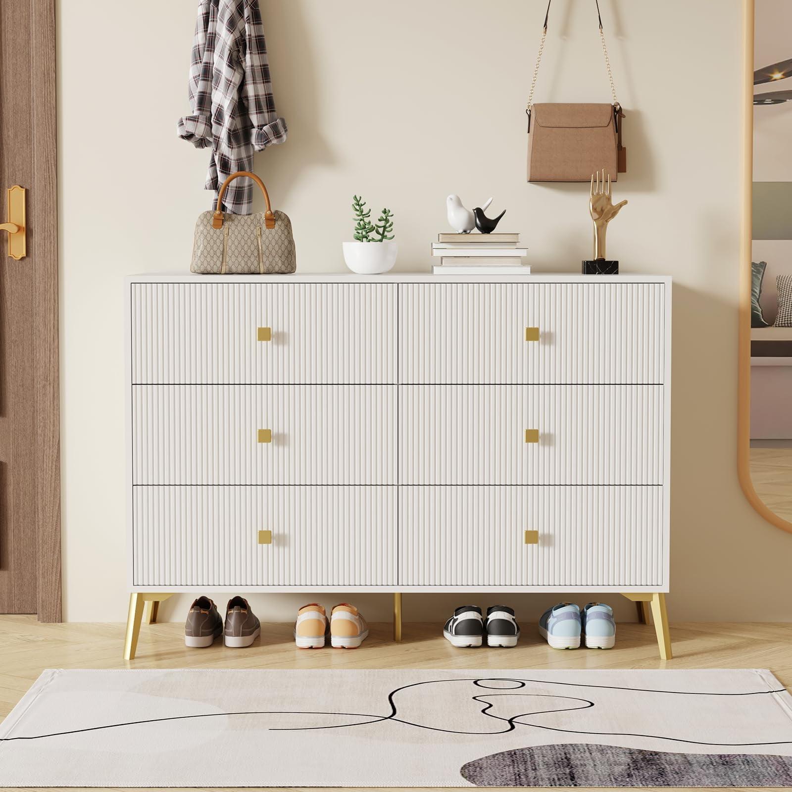 6 Drawer Dresser for Bedroom,Modern Bedroom Dresser,Fluted White and Gold Dresser with Curved Profile Design