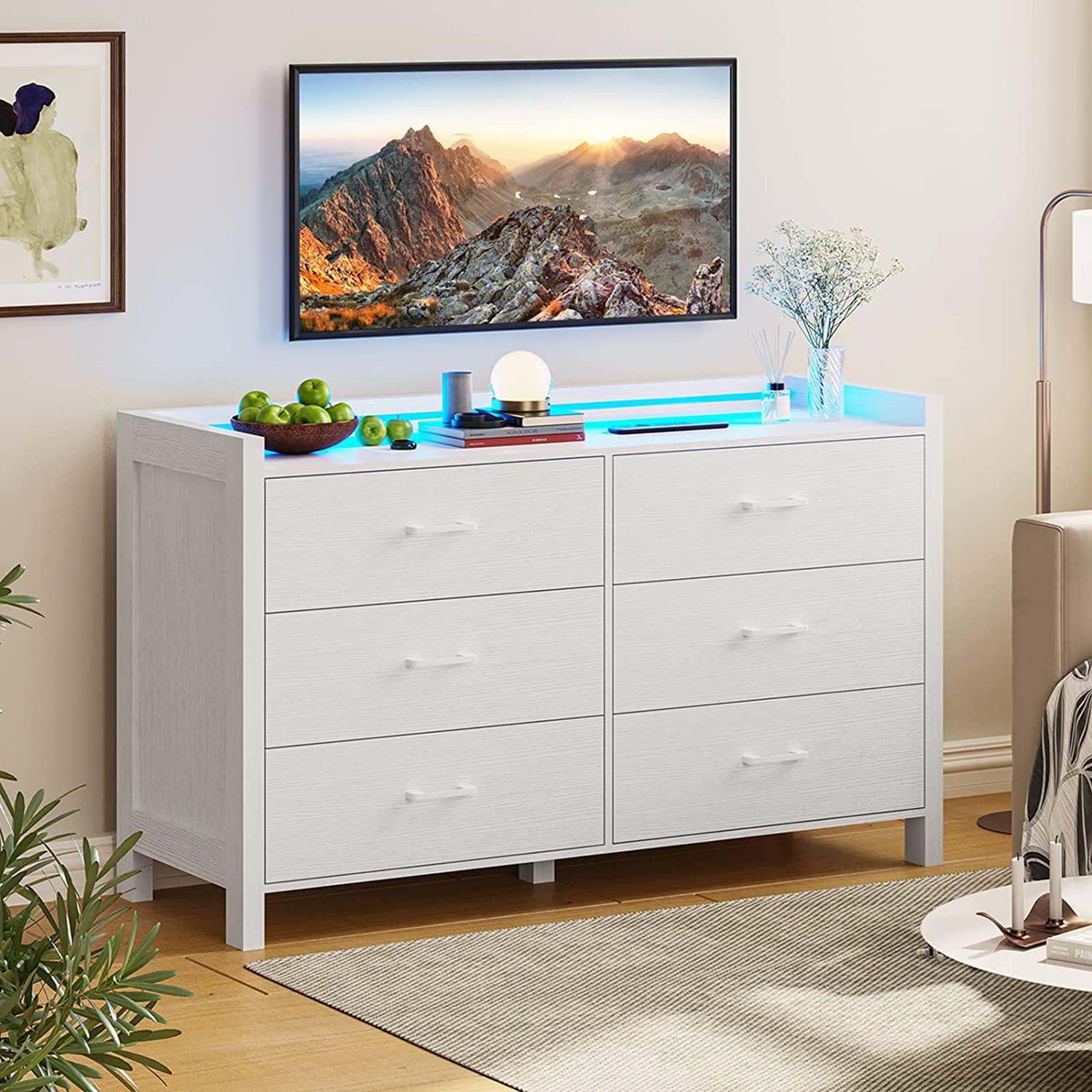 White Dresser with 6 Drawers for Bedroom, Modern Chest of Drawers Storage Dresser with LED Lights for Living Room