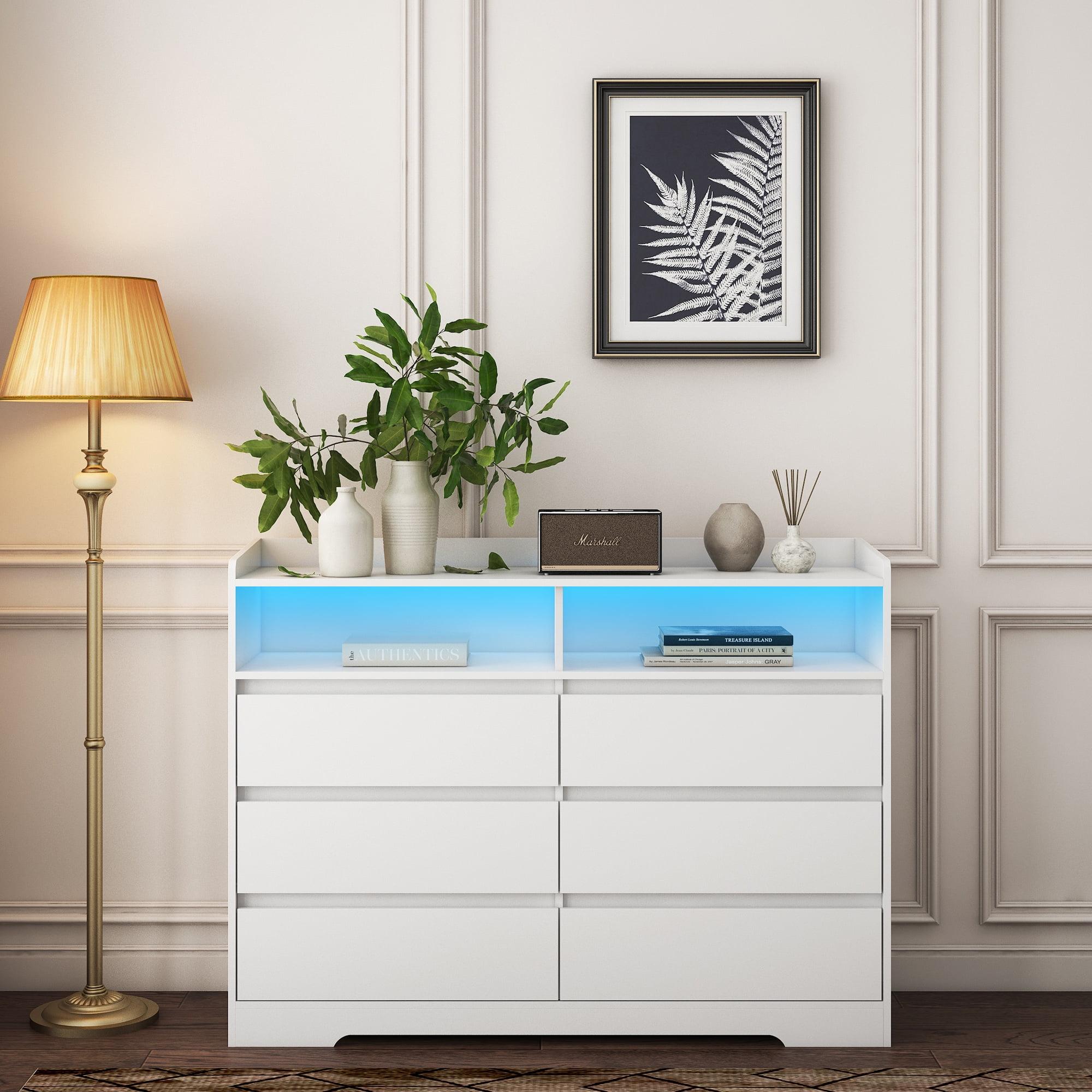 6 Drawer Dresser, White Chest of Drawers for Bedroom with LED Lights, for Living Room, Entryway, Hallway